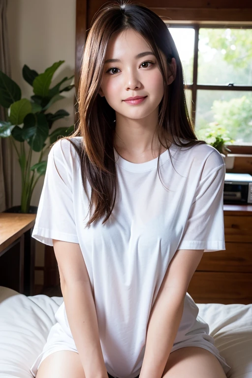 (8k),(masterpiece),(Japanese),(12 year old girl),((Innocent look)),((Childish)),from the front,smile,cute,Innocent,Kind eyes,Plain white t-shirt,Short sleeve,Blue checked short skirt,Straight hair,Black Hair,Sitting on a hotel bed,noon,bright