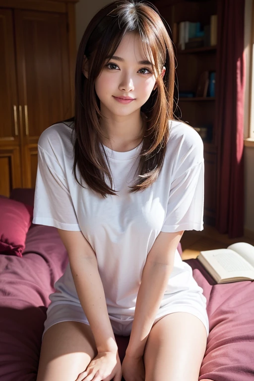 whole body,whole body,Bounce Light,realistic,color grading, throw, beautiful japanese girl,1 girl,alone, medium hair,portrait, Girl's Bedroom, smile a little for the camera, shy, stock photo,best quality, junior high school girl, 13 year old girl,fine skin,detailed face, break (NSFW)