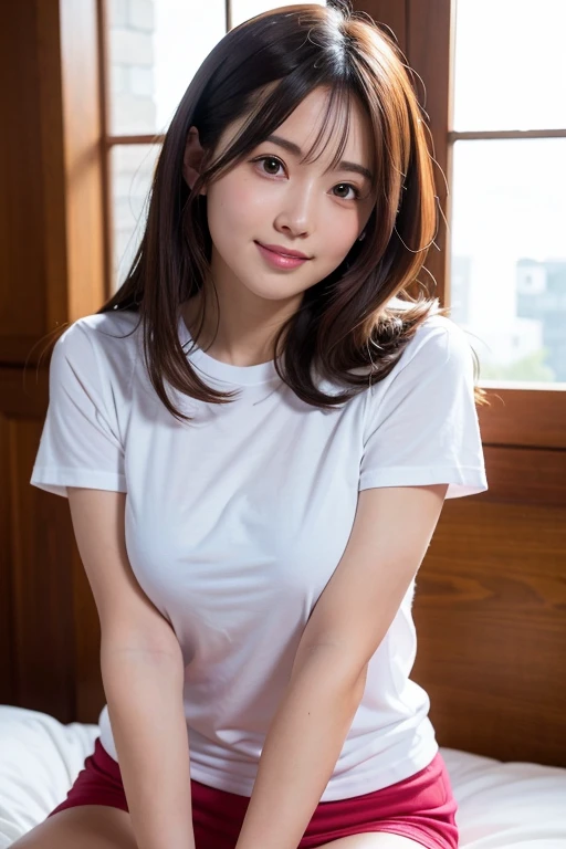povbreastgrab, solo focus, 1girl, blush, looking at viewer, upper body, smile, bangs, sweat, wearing t-shirt