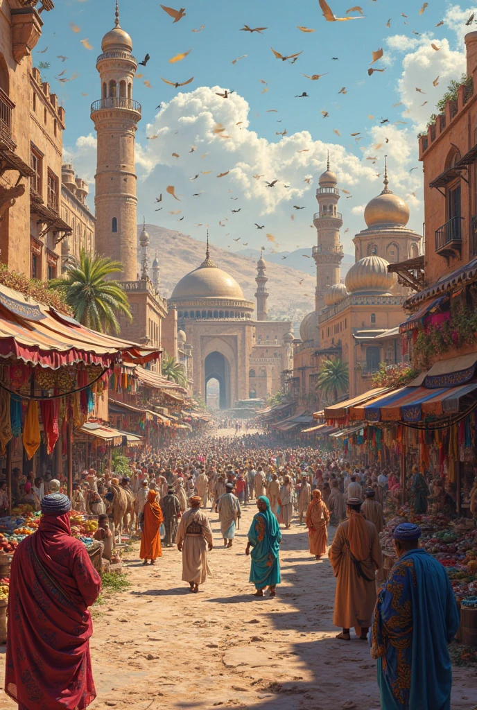 মুসলমানদের প্রাচীন এক শহরের বাজারে সবাই কেনাবেচা করছে এরকম একটি সুন্দর ছবি বানিয়ে দিন 