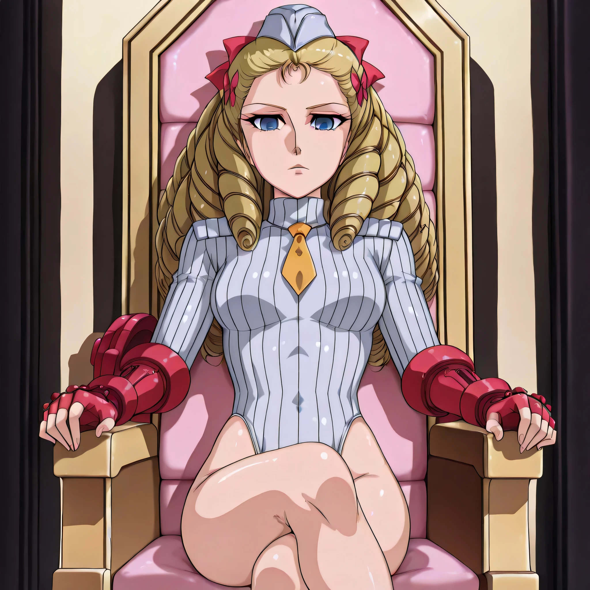 ultra-detailed, Explicit, Beautiful body, Beautiful Nose, Beautiful character design, perfect eyes, perfect face, ultra highres, 4K, beautiful legs, perfect legs, Nice hands, Perfect hand, Masterpiece, Best Quality, Highly detailed, illustration, absurdres, perfect anatomy, street fighter, doll suit, shadaloo doll, dollsuit, expressionless, blank eyes, looking at viewer, red gloves, emotionless, black latex, corruption, mind control, female combatant, full body, hypnotized, unhappy trance, full body suit, ribbed bodysuit, both arms at side, obey, perfect female body, extremely glossy latex, hypnosis, hypnoLora, empty eyes, Mind control device, poses, submissive_pose, Slave, sitting straight, sitting, sitting at attention, hat, necktie, belt, latex, ribbed bodysuit, thigh Highs, garter belt, Fighting Stance, extending the right arm from the shoulder into the air with a straightened hand, military, thigh boots, black pantyhose, (((pixel-perfect, detail-perfect))), solo, 1girl, hair ornaments, HENRIETTA, HENRIETTA, THE FAMILIAR OF ZERO, 17_YEAR_OLD_GIRL, PURPLE_HAIR, BLUE_EYES, LARGE BREASTS, HUGE BREASTS, HENRIETTA_DE_TRISTAIN, CROWN, TIARA, (((sitting on throne)))