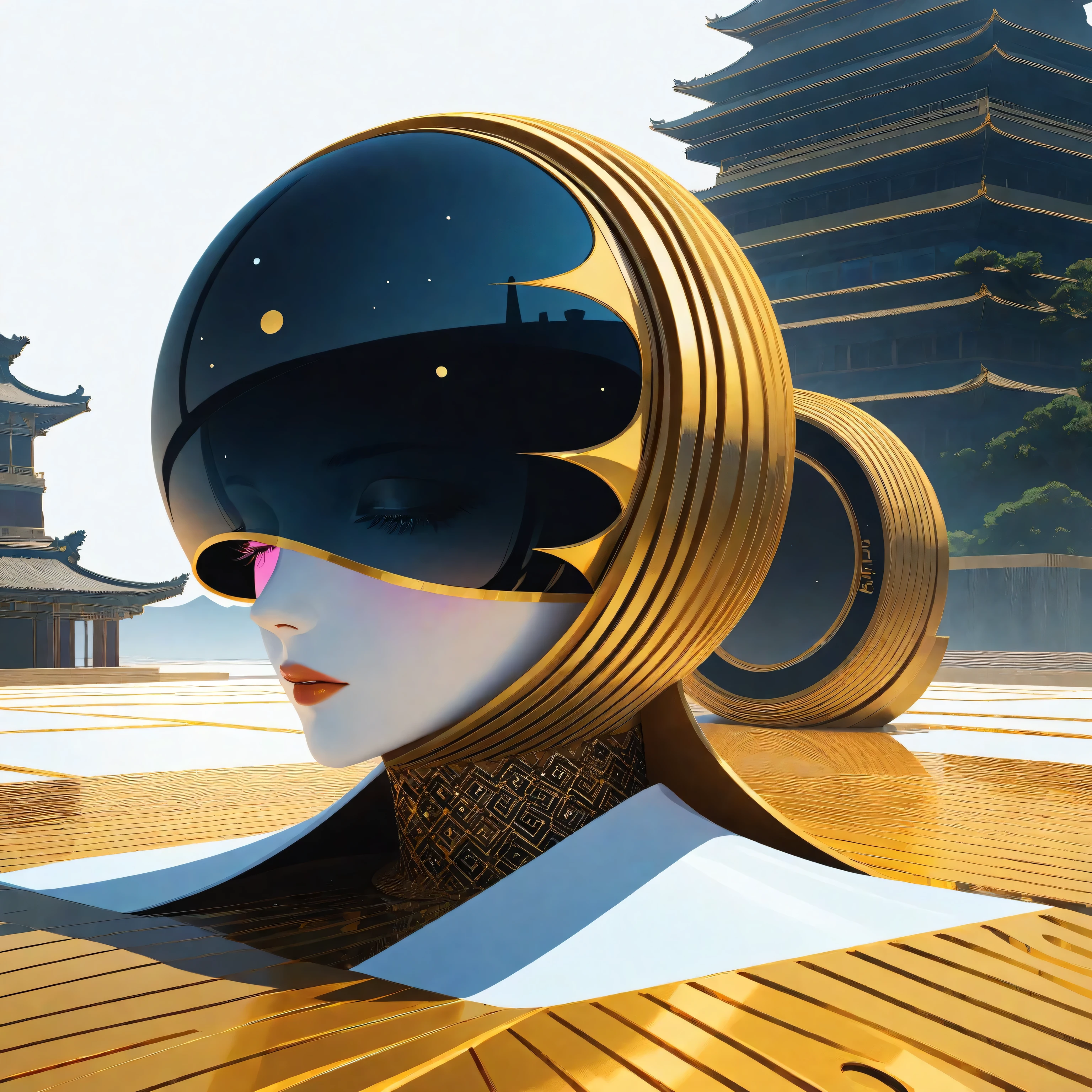 a futuristic landscape in the illustrative style of french illustrator Moebius, (blues, yellows), brutalist architecture, brutalism, retrofuturistic, french retro, retrofuturistic car, (White background:1.4),(Isabella Rosalini), head silhouette, Eyes closed, Long colored hair, Oriental elements),(Chinese illustration:1.3,Paper Art:1.3, キルティングPaper Art:1.2),( Streamlined Design, Clear lines, High sharpness,Better Quality, Very detailed, Master Parts, Film Light Effect, 4K ) Illustration design, porcelain doll skin, beautiful detailed eyes, beautiful detailed lips, extremely detailed gold eyes and face, long eyelashes, upper body, from side, looking at viewer, (fractal art:1.3), (pink hair:1.2), water, liquid, cloud, colorful, starry, stars, (best quality, 4k, 8k, highres, masterpiece:1.2), ultra-detailed, (realistic, photorealistic, photo-realistic:1.37), vibrant colors, studio lighting, extremely detailed description, professional, concept art, surreal, 1920s french vibe, monochromatic gold and pink palette, in the style of french illustrator moebius, gold elements,