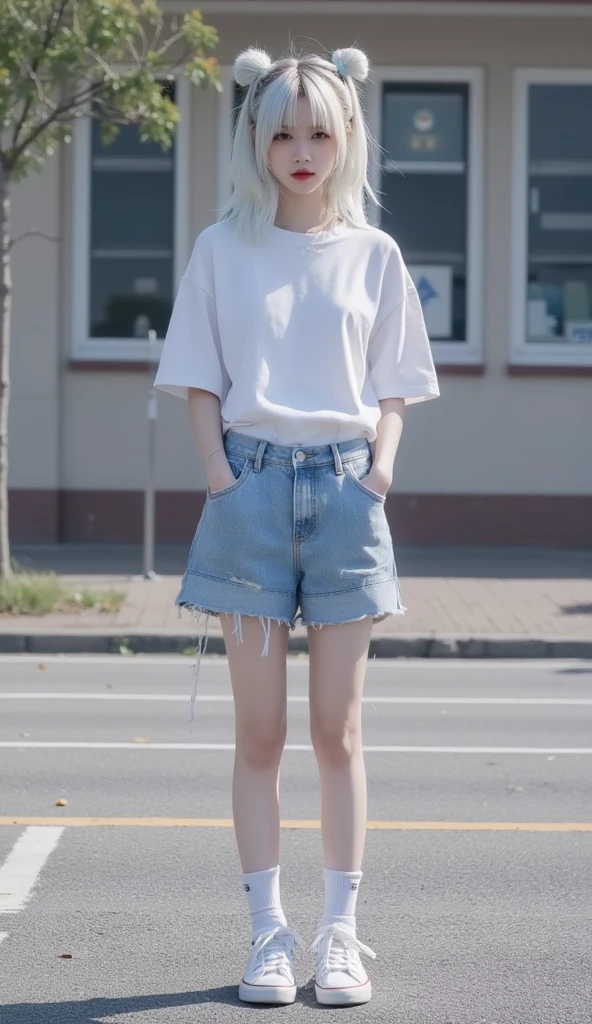 female teenager with white hair, white skin and blue eyes smiling in short jeans full body