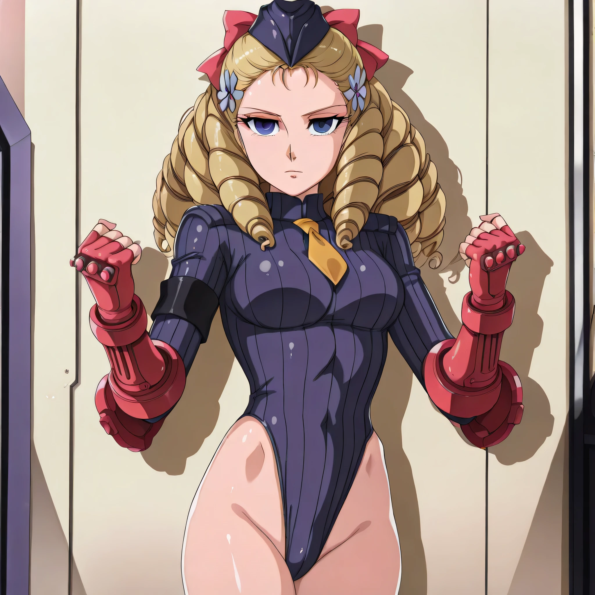 ultra-detailed, Explicit, Beautiful body, Beautiful Nose, Beautiful character design, perfect eyes, perfect face, ultra highres, 4K, beautiful legs, perfect legs, Nice hands, Perfect hand, Masterpiece, Best Quality, Highly detailed, illustration, absurdres, street fighter, doll suit, shadaloo doll, dollsuit, expressionless, blank eyes, looking at viewer, red gloves, emotionless, black latex, corrution, mind control, female combatant, full body, hypnotized, unhappy trance, full body suit, ribbed bodysuit, both arms at side, obey, perfect female body, extremely glossy latex, hypnosis, hypnoLora, empty eyes, Mind control device, poses, submissive_pose, Slave, hat, necktie, stand up straight, standing, standing at attention, hat, necktie, belt, latex, ribbed bodysuit, thighhighs, garter belt, Fighting Stance, extending the right arm from the shoulder into the air with a straightened hand, nazi saluting, military, military saluting, salute, thigh boots, 1girl, Seryuu Ubiquitous, Akame ga Kill, brown hair, brown eyes, long hair, ponytail