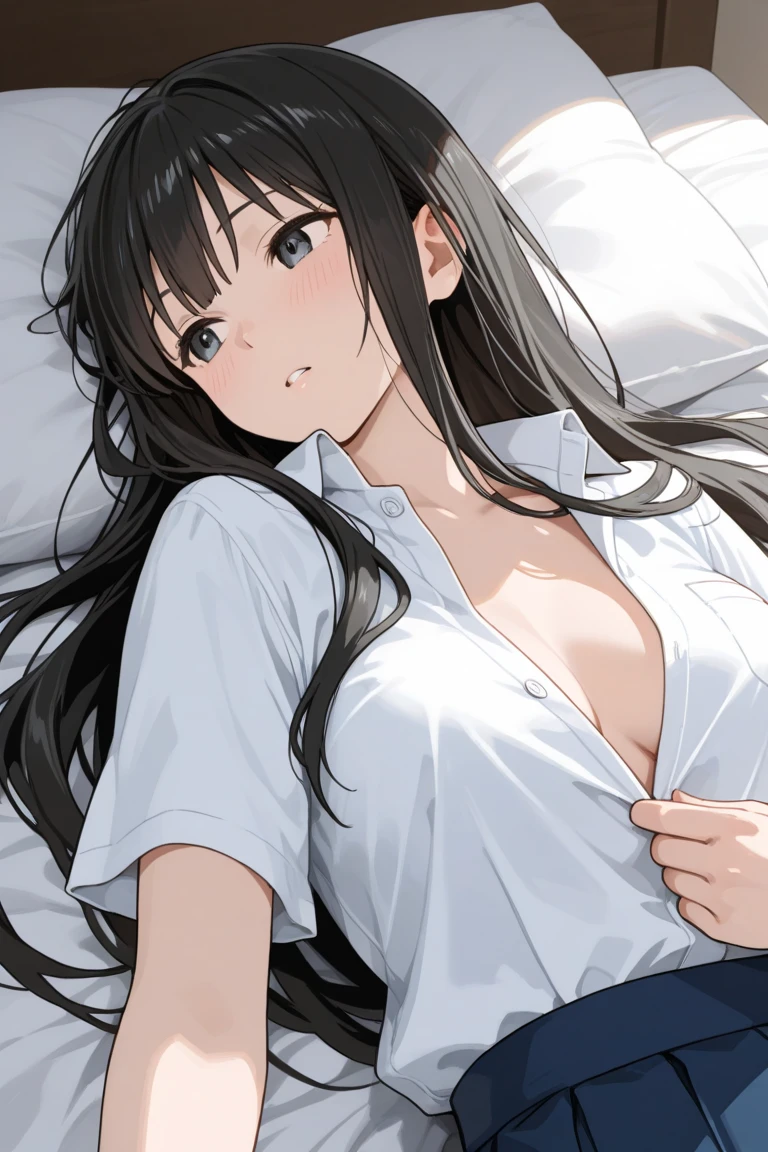 (8K、top-quality、​masterpiece:1.2)、(realisitic、ultra-detailliert、超A high resolution、1 girl,28years,beautifull detailed face,perfect body,((layered hair,long black hair)),((daytime)),Constriction、(Slim waist :1.3)、Beautiful detailed skin、Skin Texture、Floating hair、((daylight)),((office lady,business suits:1.0,dress shirt,tight skirt,lying on bed,on back,cleavage,wearing red glasses,skirt lift by herself,panty)),in full face blush,((daytime))((upper body shot)),((Turning the face away))