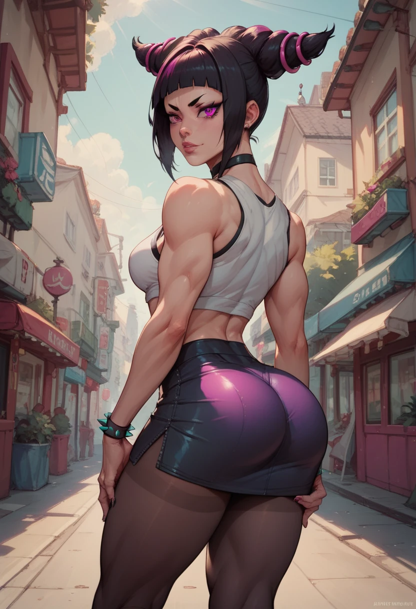 cartoon of a woman in a short skirt standing on a sidewalk, commission for high res, cutesexyrobutts, by loish, urban girl fanart, loish |, neon edges on bottom of body, oc commission, full body portrait of a short!, fully clothed. painting of sexy, inspired by Tomer Hanuka, commission, low detailed. digital painting