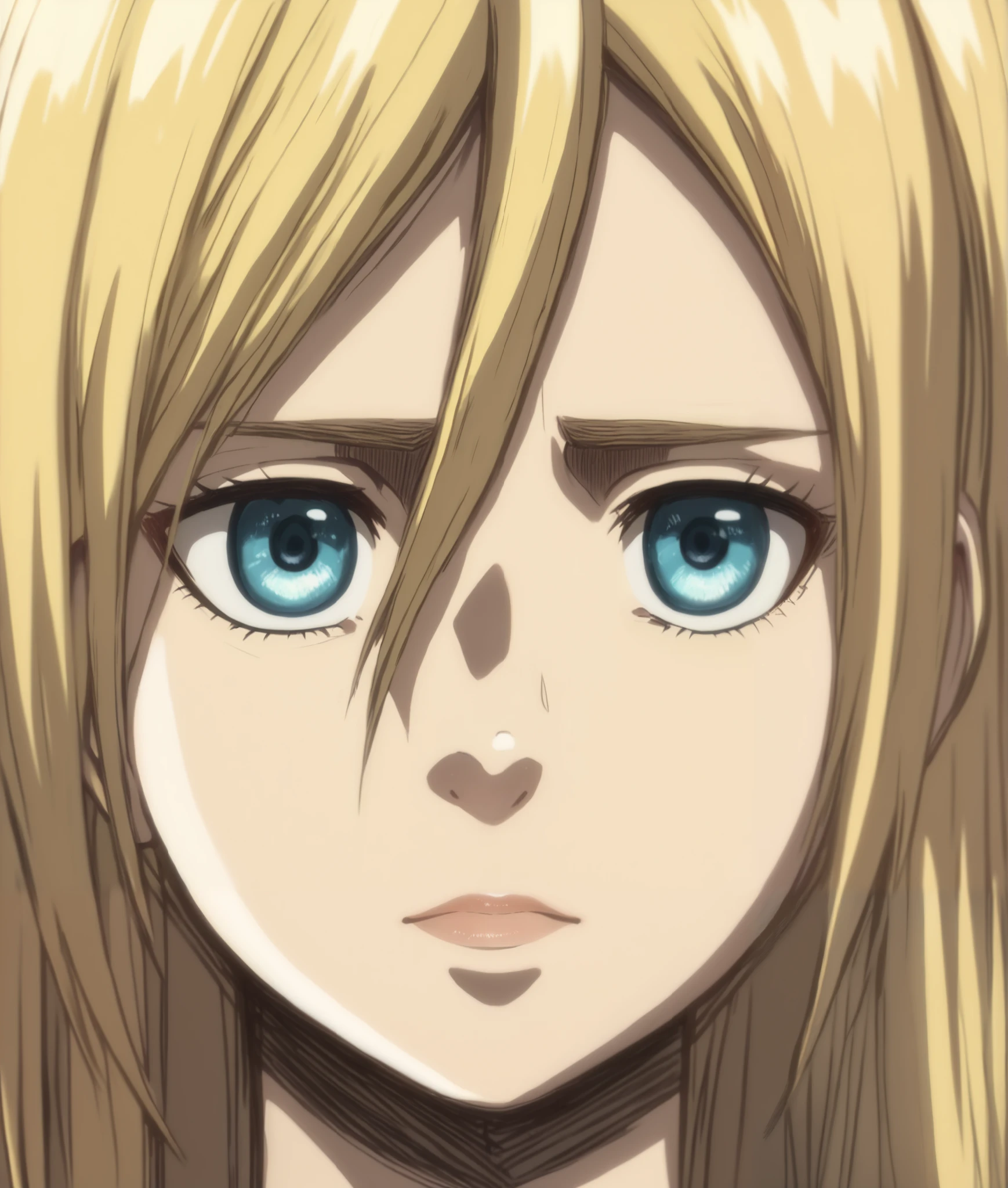 ((Historia Reiss)), blonde, blue eyes, nose, nostrils, ear, detailed hair, detailed body, (anime attack on titan style), (high quality), ((detailed body)), ((design faithful to the original)), (high quality), ((very detailed)),