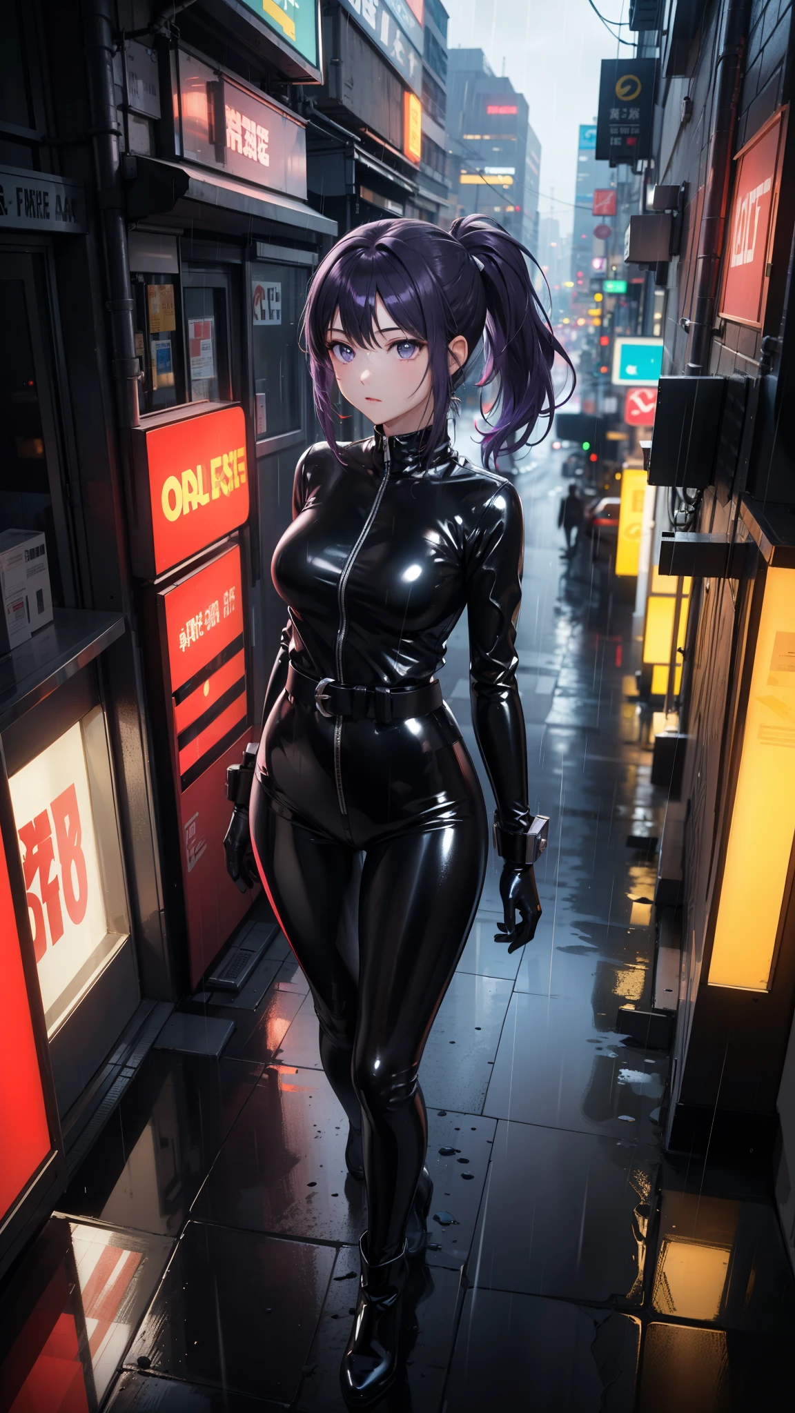 Masterpiece, Beautiful art, professional artist, 8k, shy expression, very detailed face,1 girl, View from the front, standing, walking down the street, BIG BREASTS, perfectly drawn body, pale skin, shy expression, beautiful face, black hair short ponytail, 4k eyes, very detailed eyes, pink cheeks, glasses, choker:1.6, (shiny black tight bodysuit), Sensual Lips, show details in the eyes, City, at night