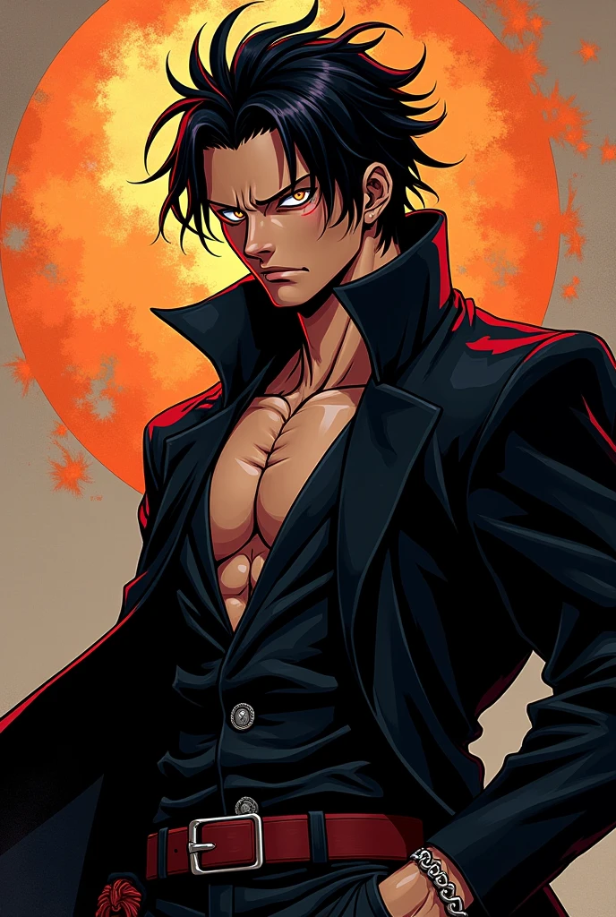boichi manga style,  male focus, 1boy, solo, fire, open clothes, black hair, straw hat, open shirt, hat, abs, jewelry, necklace, muscular, shirt, belt, ((masterpiece)) 