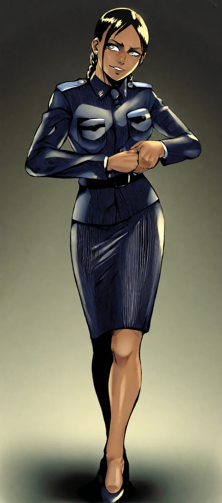 90s anime grown tall skinny black skinned female business woman in a grey pinstripe skirt suit wearing grey heels with cornrow hair full body
Pinstripe blaze and pinstripe skirt 