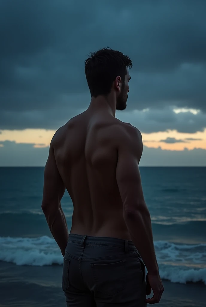 Generate an image of a shirtless strong man on the shore looking out to sea on a full moon night