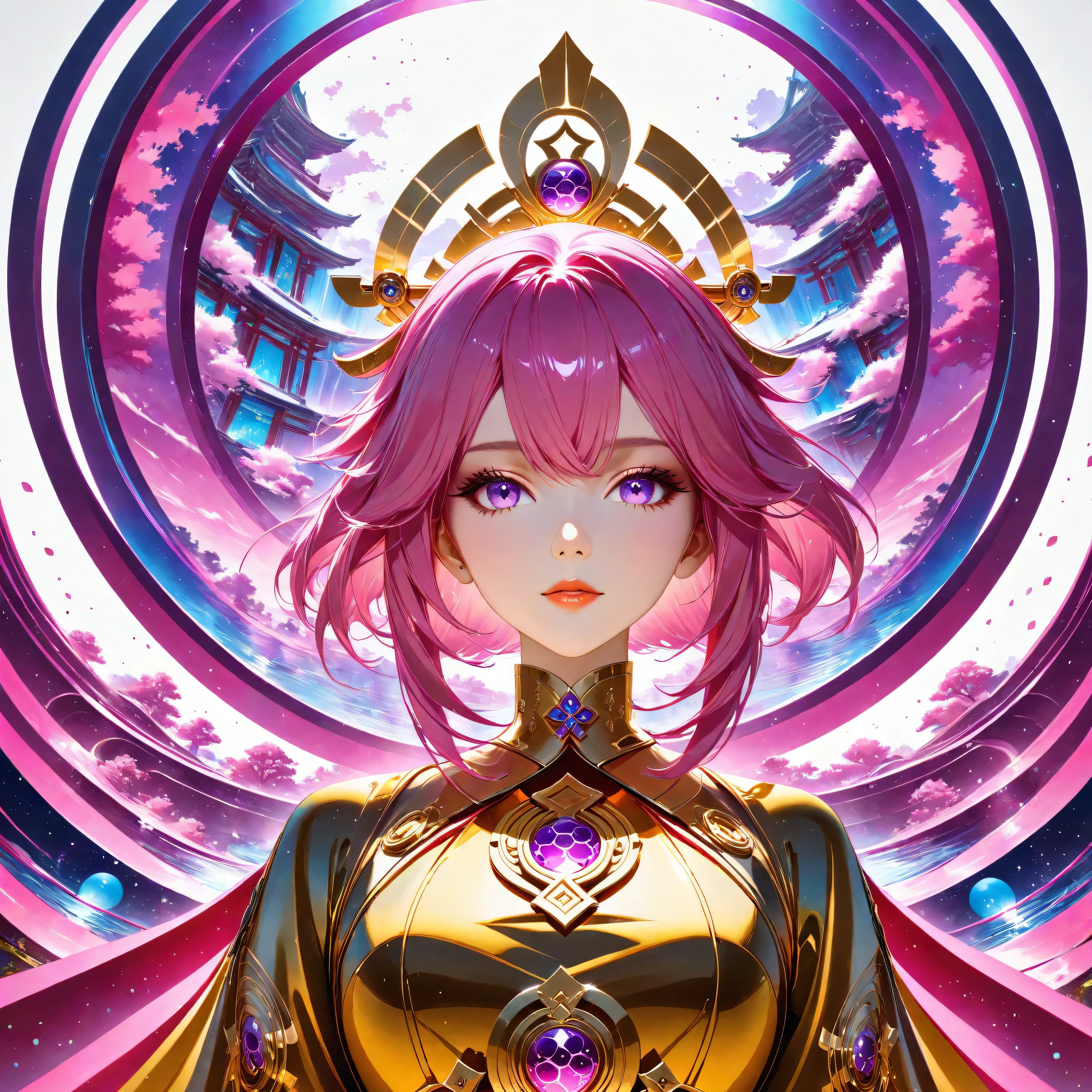 a futuristic landscape in the illustrative style of french illustrator Moebius, (blues, yellows), brutalist architecture, brutalism, retrofuturistic, french retro, retrofuturistic car, (White background:1.4),(Isabella Rosalini), head silhouette, Eyes closed, Long colored hair, Oriental elements)，(Chinese illustration:1.3，Paper Art:1.3, キルティングPaper Art:1.2),( Streamlined Design, Clear lines, High sharpness,Better Quality, Very detailed, Master Parts, Film Light Effect, 4K ) Illustration design, porcelain doll skin, beautiful detailed eyes, beautiful detailed lips, extremely detailed gold eyes and face, long eyelashes, upper body, from side, looking at viewer, (fractal art:1.3), (pink hair:1.2), water, liquid, cloud, colorful, starry, stars, (best quality, 4k, 8k, highres, masterpiece:1.2), ultra-detailed, (realistic, photorealistic, photo-realistic:1.37), vibrant colors, studio lighting, extremely detailed description, professional, concept art, surreal, 1920s french vibe, monochromatic gold and pink palette, in the style of french illustrator moebius, gold elements, Yae Miko from genshin impact, pink hair, purple eyes, head ornament, big breasts, slender legs, 