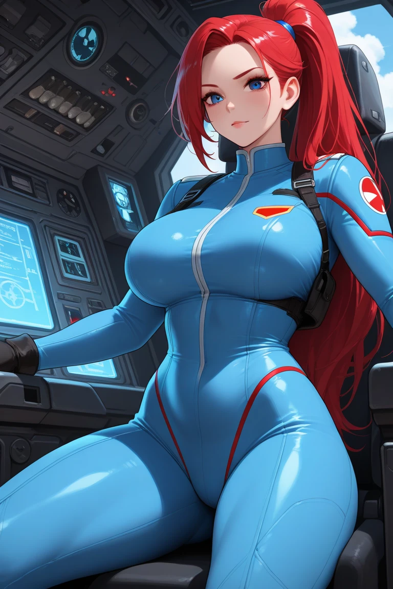 Hot sexy woman with huge breast, huge ass, red ponytail, tight space suit, muscular, abs, beautiful face , big pussy