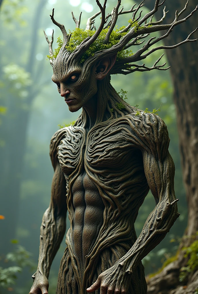 Immerse yourself in an enchanting artwork that portrays the tree man, reminiscent of Groot from Guardians of the Galaxy, seated on the forest floor. His right leg is bent, providing a relaxed and comfortable posture, while his left leg extends straight. The artwork showcases the intricate details of his wooden features, from the patterns on his bark-like skin to the delicate branches intertwining around him. His eyes emanate a gentle luminosity, hinting at the profound connection he shares with nature. The forest environment envelops him, with vibrant foliage and a serene atmosphere. Artwork, mixed media on canvas