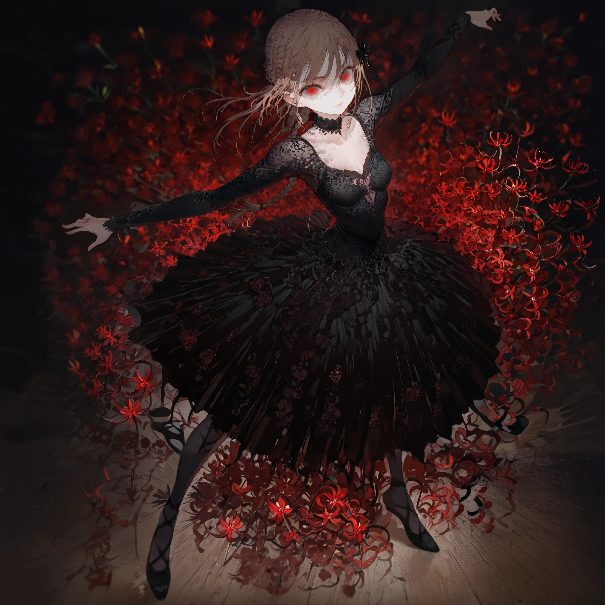 masterpiece, best quality, high quality, detailed, ultra detailed, hyper detailed, insanely detailed, exquisite, beautiful, FHD, Full-HD, 4K, 8K, 16K, highres, absurdres, disappointed, one girl , red eyes , horror , slender , small breasts , MON style , (((many cluster amaryllis))) , black ballet uniform , black dress , (((ballerina))) , solo , in Ruined , desperate, determined, lonely, serious look, looking at viewer, brown hair, , braid hair , eyes wide open, with crazy eyes, fair skin, tall , dark fantasy, dark atmosphere, gothic atmosphere, in the style of distorted, eye closeup shot, macro shot, overhead shot, high angle shot , aerial view, fish-eye lens, in focus with blurred background ,(((solo))) , standing , cluster amaryllis on the floor, (((dancing))) , elegance ballet , black shoes