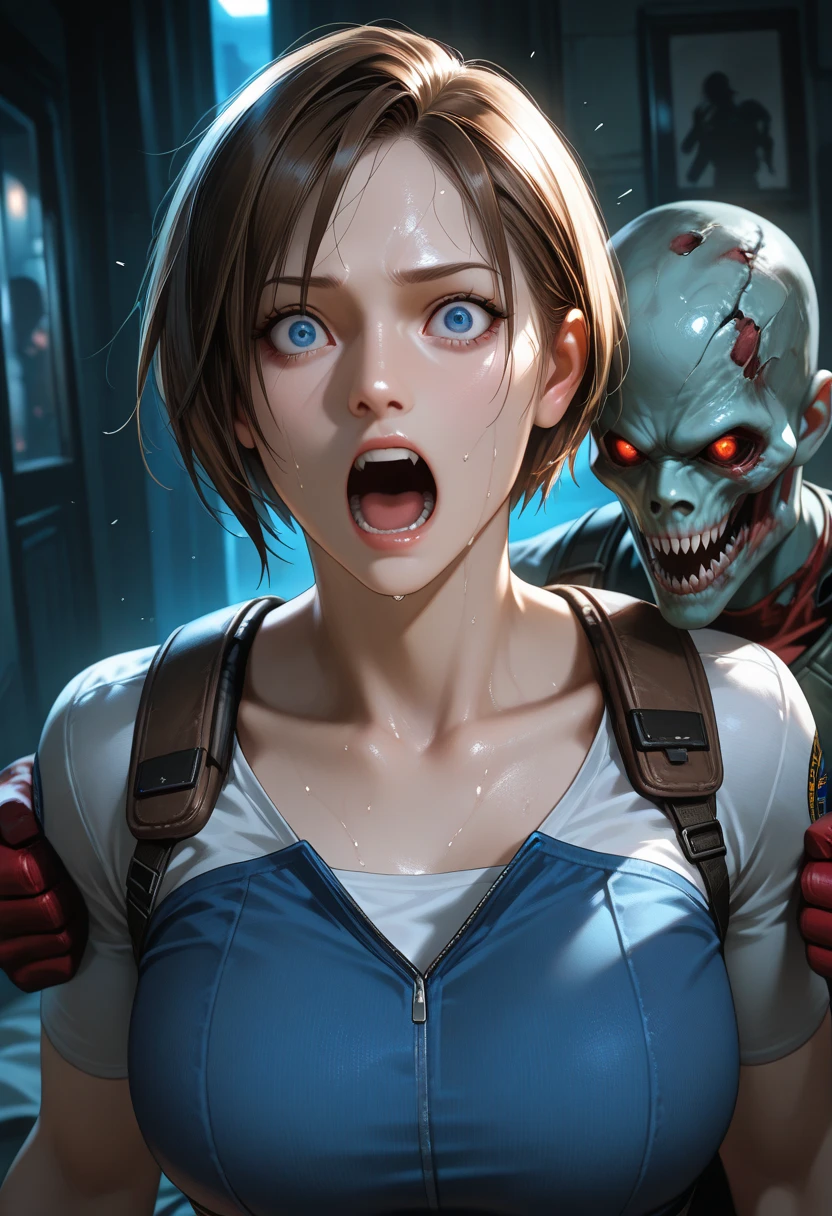 masterpiece, best quality, highly detailed, horror art, 1girl, solo, torn clothes, orange eyes, evil look, sharp teeth, open mouth, skinny, pale, pov, from below,