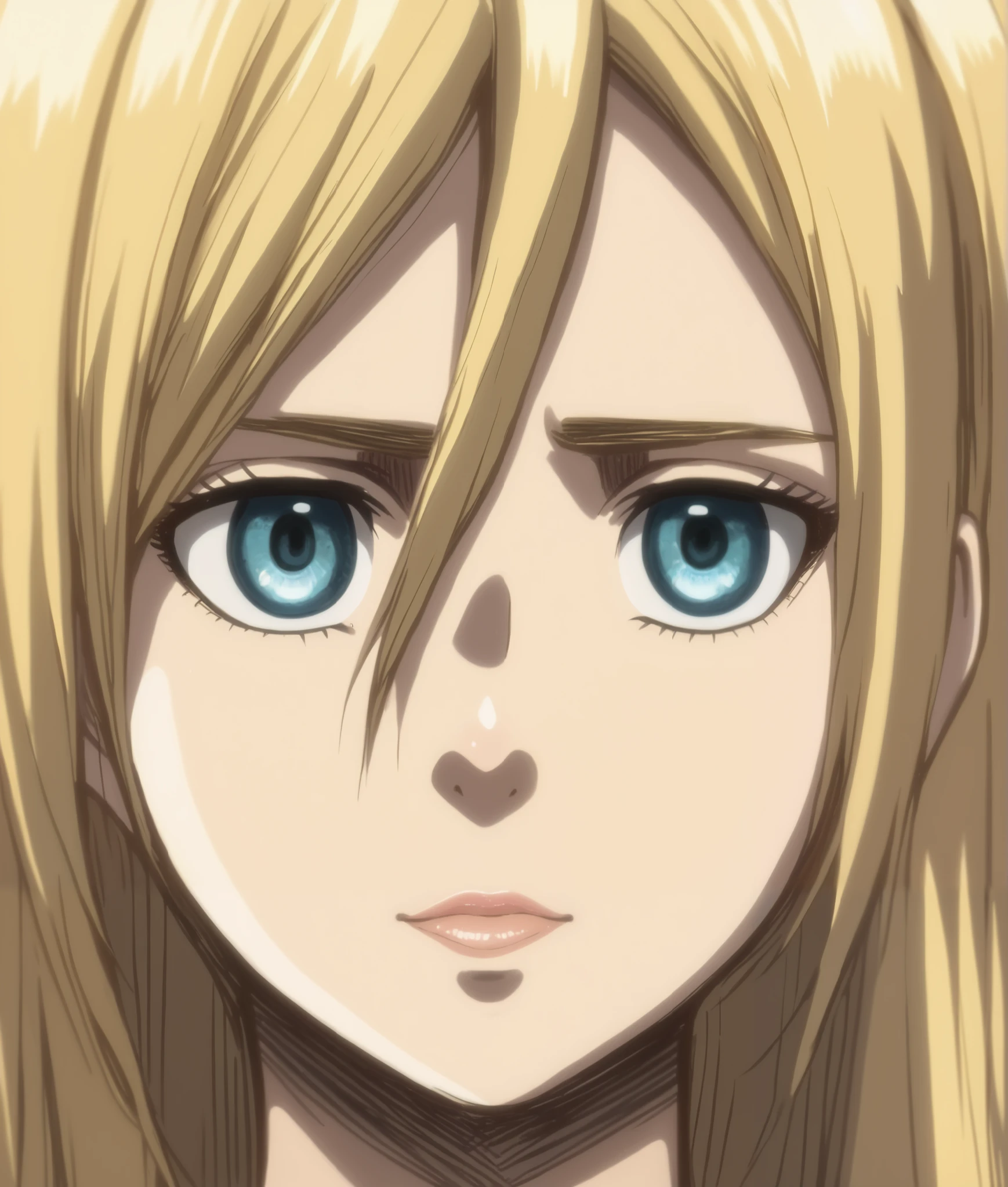 ((Historia Reiss)), blonde, blue eyes, nose, nostrils, ear, detailed eyes, lips, detailed nose, detailed hair, detailed body, (anime attack on titan style), (high quality), ((detailed body)), ((design faithful to the original)), (high quality), ((very detailed)),