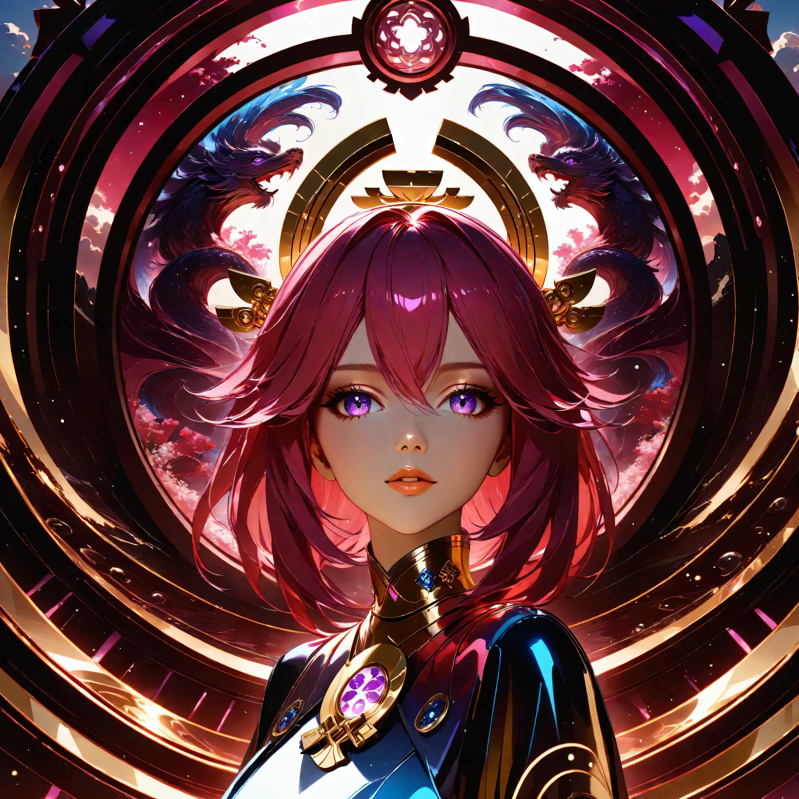 a futuristic landscape in the illustrative style of french illustrator Moebius, (blues, yellows), brutalist architecture, brutalism, retrofuturistic, french retro, retrofuturistic car, (White background:1.4),(Isabella Rosalini), head silhouette, Eyes closed, Long colored hair, Oriental elements),(Chinese illustration:1.3,Paper Art:1.3, キルティングPaper Art:1.2),( Streamlined Design, Clear lines, High sharpness,Better Quality, Very detailed, Master Parts, Film Light Effect, 4K ) Illustration design, porcelain doll skin, beautiful detailed eyes, beautiful detailed lips, extremely detailed gold eyes and face, long eyelashes, upper body, from side, looking at viewer, (fractal art:1.3), (pink hair:1.2), water, liquid, cloud, colorful, starry, stars, (best quality, 4k, 8k, highres, masterpiece:1.2), ultra-detailed, (realistic, photorealistic, photo-realistic:1.37), vibrant colors, studio lighting, extremely detailed description, professional, concept art, surreal, 1920s french vibe, monochromatic gold and pink palette, in the style of french illustrator moebius, gold elements, Yae Miko from genshin impact, pink hair, purple eyes, head ornament, big breasts, slender legs,