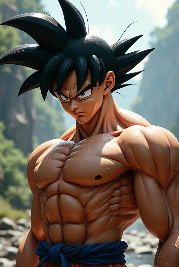 son goku, 1boy, closed mouth, male focus, muscular, muscular male, rock, sash, serious, solo, spiked hair, topless male, torn clothes, ultra instinct, black eyes, black hair, ((masterpiece))