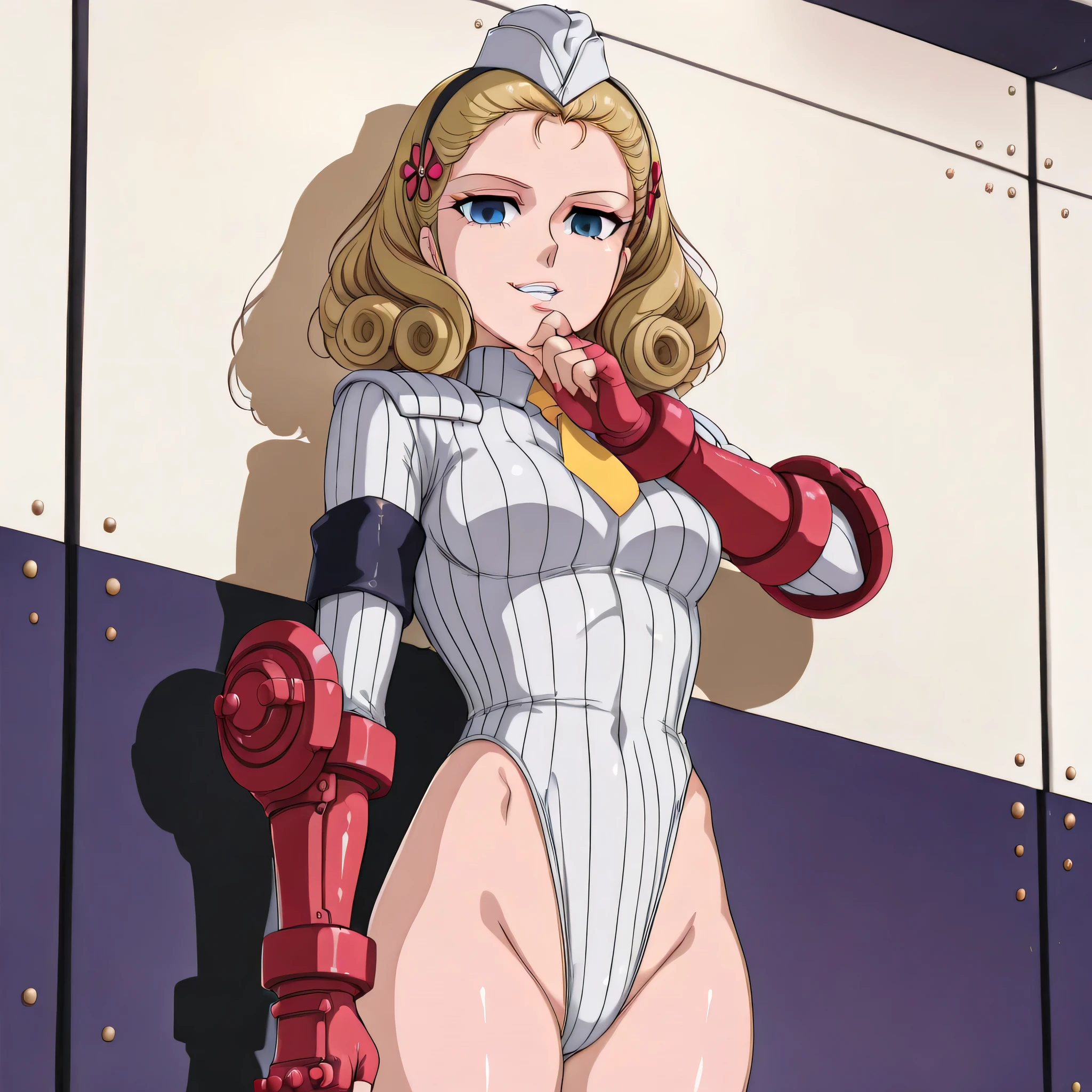 (masterpiece, best quality), 1girl,  Honey Blonde Highlights on Brown French Braid with Hair Chain, Size F breasts, <lora:EPTakeuchiNaokoStyle:0.8> EPTakeuchiNaokoStyle, 1990s \(style\), anime screencap, retro artstyle, anime coloring, traditional media