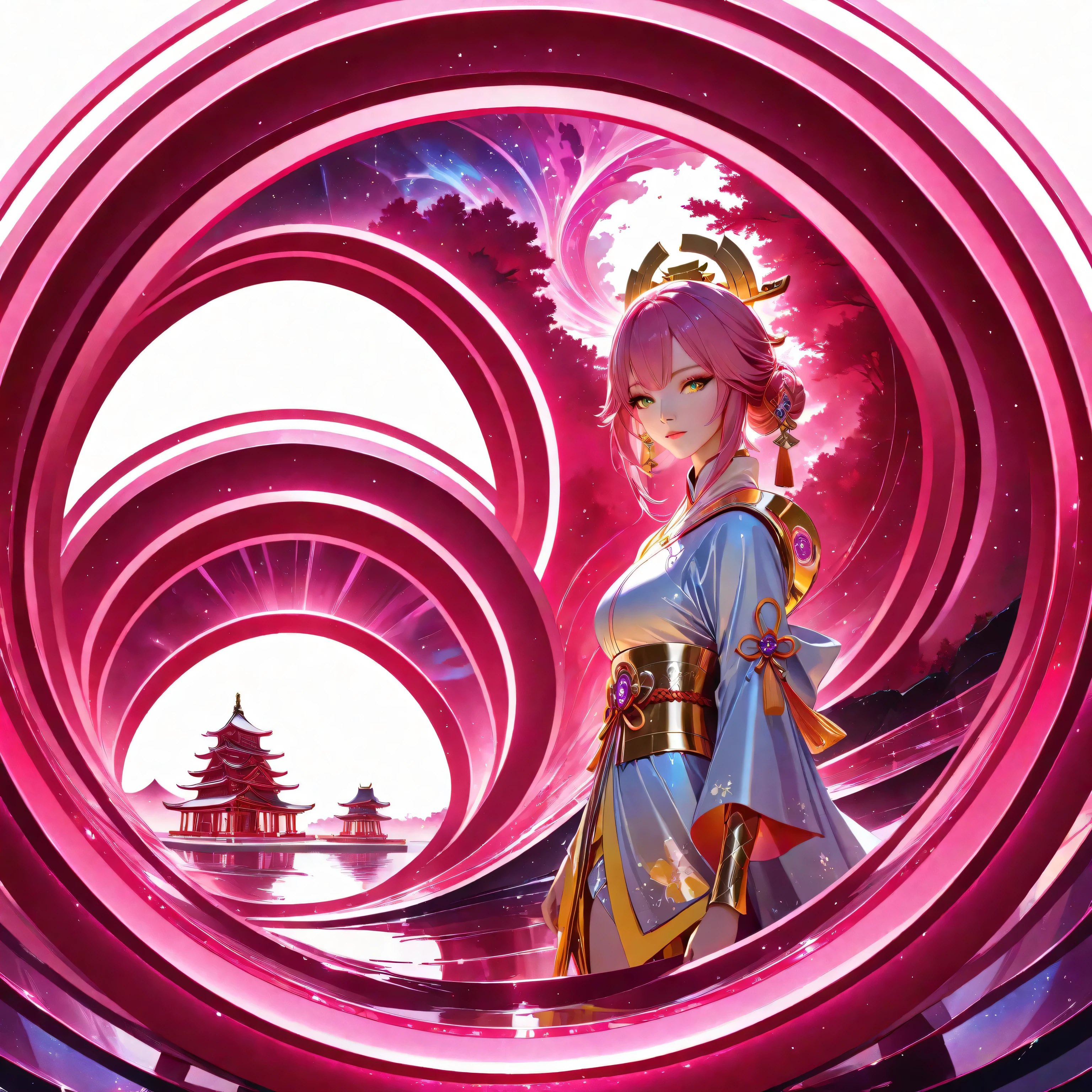 a futuristic landscape in the illustrative style of french illustrator Moebius, (blues, yellows), brutalist architecture, brutalism, retrofuturistic, french retro, retrofuturistic car, (White background:1.4),(Isabella Rosalini), head silhouette, Eyes closed, Long colored hair, Oriental elements),(Chinese illustration:1.3,Paper Art:1.3, キルティングPaper Art:1.2),( Streamlined Design, Clear lines, High sharpness,Better Quality, Very detailed, Master Parts, Film Light Effect, 4K ) Illustration design, porcelain doll skin, beautiful detailed eyes, beautiful detailed lips, extremely detailed gold eyes and face, long eyelashes, upper body, from side, looking at viewer, (fractal art:1.3), (pink hair:1.2), water, liquid, cloud, colorful, starry, stars, (best quality, 4k, 8k, highres, masterpiece:1.2), ultra-detailed, (realistic, photorealistic, photo-realistic:1.37), vibrant colors, studio lighting, extremely detailed description, professional, concept art, surreal, 1920s french vibe, monochromatic gold and pink palette, in the style of french illustrator moebius, gold elements, Yae Miko from genshin impact, pink hair, purple eyes, head ornament, big breasts, slender legs,