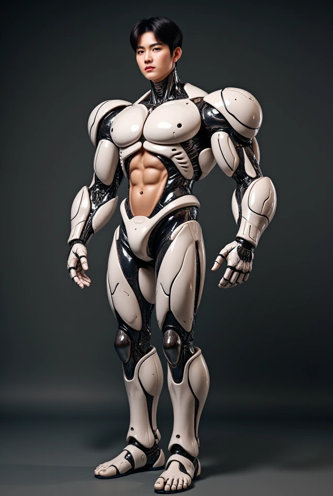 (1 girl), (megan fox:1.25), (muscular android girl wearing a black anatomic cybernetic muscle suit:1.25), (wide shoulders:1.25), (muscular defined physique:1.25), perfect hands, long hair, large breasts, high resolution image, extreme detail, blank background