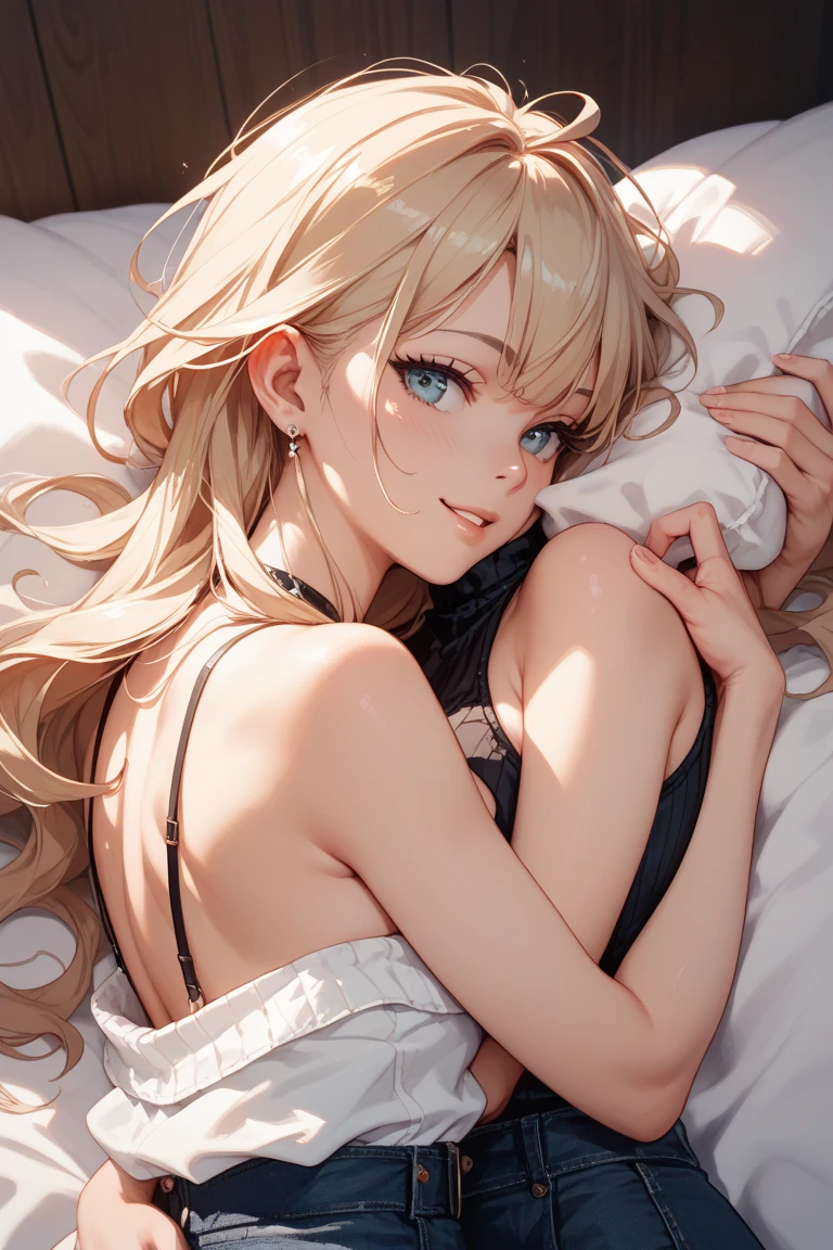 (Best Quality,High resolution,8k,finelity detailed background,Masterpiece:1.2),beautiful girl,Shiny khaki hair,messy hair,Khaki Eyes,Gentle look,A refreshing look,Best quality,Best Quality,Aesthetic and aesthetic:1.2,Best details((Super detailed))(High-definition CG illustrations),White underwear (white,intricate lace),Slender body,Late Night,Moonlit Night,Bedroom,On the bed,smile,blush,cute,Scrounge,Looking up,Being spoiled,super model,on back,shoot from above