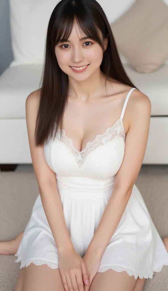Beautiful 25 year old  woman。She is wearing a summer wedding dress. She is smiling on illuminated by the evening church lights . romantic sunset. her dark brown hair. High resolution、masterpiece、highest quality、頭w:1.0、((Hasselblad Photos))、fine skin、(movie lighting)、clavicle . full body picture.