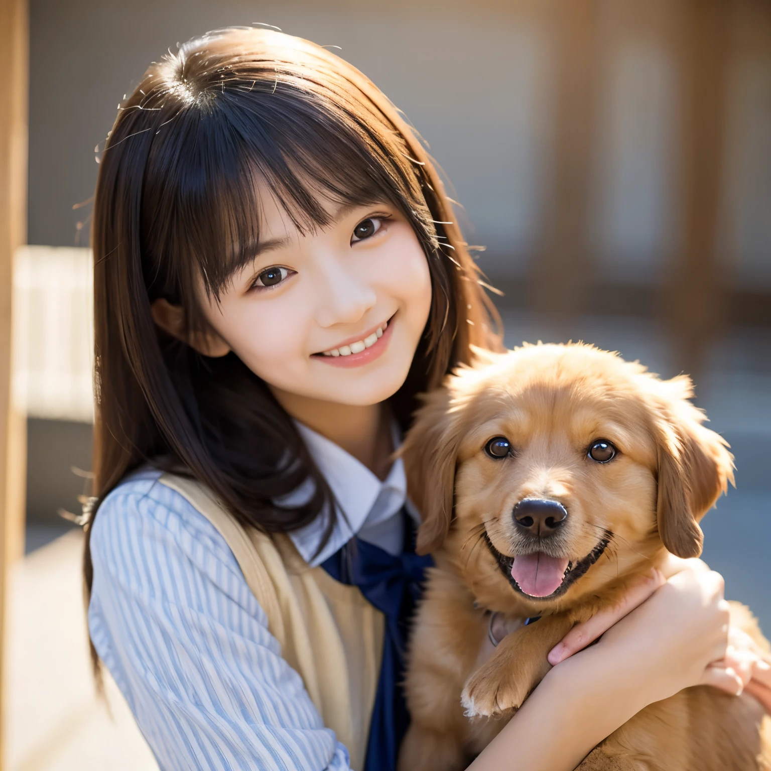 A young girl in a Japanese school uniform, smiling while holding a small, fluffy brown dog wearing a striped shirt. The girl has shoulder-length wavy black hair and a gentle expression. The background is plain white. The style is realistic with soft lighting and natural details
