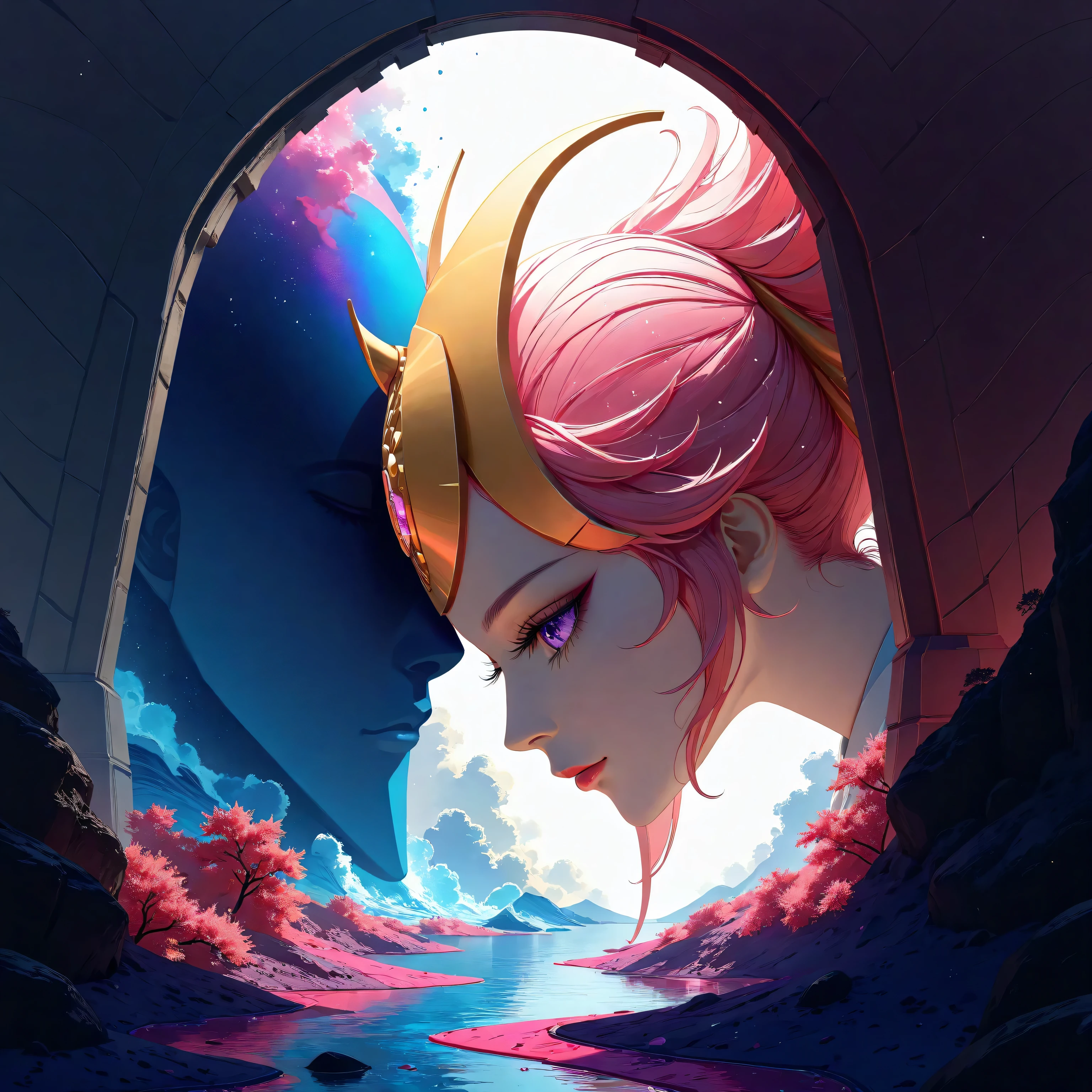 a futuristic landscape in the illustrative style of french illustrator Moebius, (blues, yellows), brutalist architecture, brutalism, retrofuturistic, french retro, retrofuturistic car, (White background:1.4),(Isabella Rosalini), head silhouette, Eyes closed, Long colored hair, Oriental elements),(Chinese illustration:1.3,Paper Art:1.3, キルティングPaper Art:1.2),( Streamlined Design, Clear lines, High sharpness,Better Quality, Very detailed, Master Parts, Film Light Effect, 4K ) Illustration design, porcelain doll skin, beautiful detailed eyes, beautiful detailed lips, extremely detailed gold eyes and face, long eyelashes, upper body, from side, looking at viewer, (fractal art:1.3), (pink hair:1.2), water, liquid, cloud, colorful, starry, stars, (best quality, 4k, 8k, highres, masterpiece:1.2), ultra-detailed, (realistic, photorealistic, photo-realistic:1.37), vibrant colors, studio lighting, extremely detailed description, professional, concept art, surreal, 1920s french vibe, monochromatic gold and pink palette, in the style of french illustrator moebius, gold elements, Yae Miko from genshin impact, pink hair, purple eyes, head ornament, big breasts, slender legs,