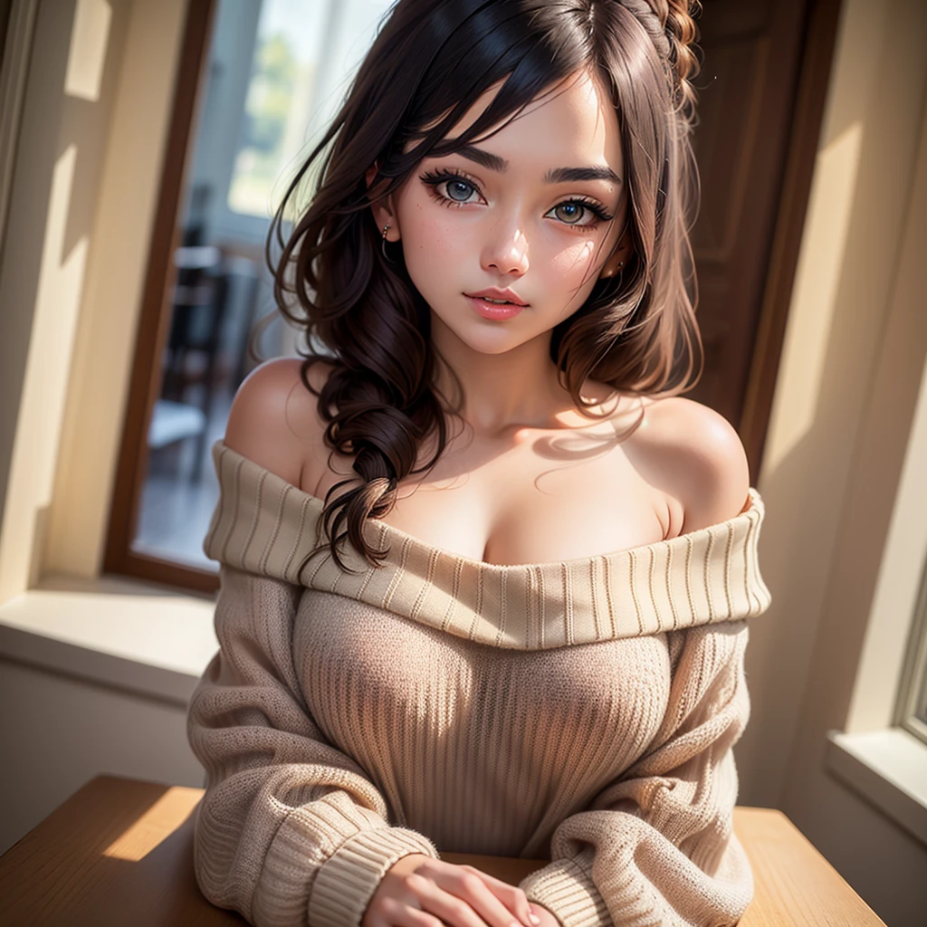 1girl (sitting down), wearing a with a pleated skirt and loafers, black socks rolled up at the knees, her long, curly brown hair falls over one eye as she looks intently at the audience with an animated expression, her shiny skin glows under the soft, pastel lighting, highlighting the subtle curves and textures of her face and thighs.
giga_busty,
(Detailed description of the girl's face: Her oval face is adorned with fine freckles, her brows perfectly arched and framing her bright, sparkling brown eyes that reflect the warmth of her personality. Her nose is a perfect button, and her lips are parted slightly, revealing a hint