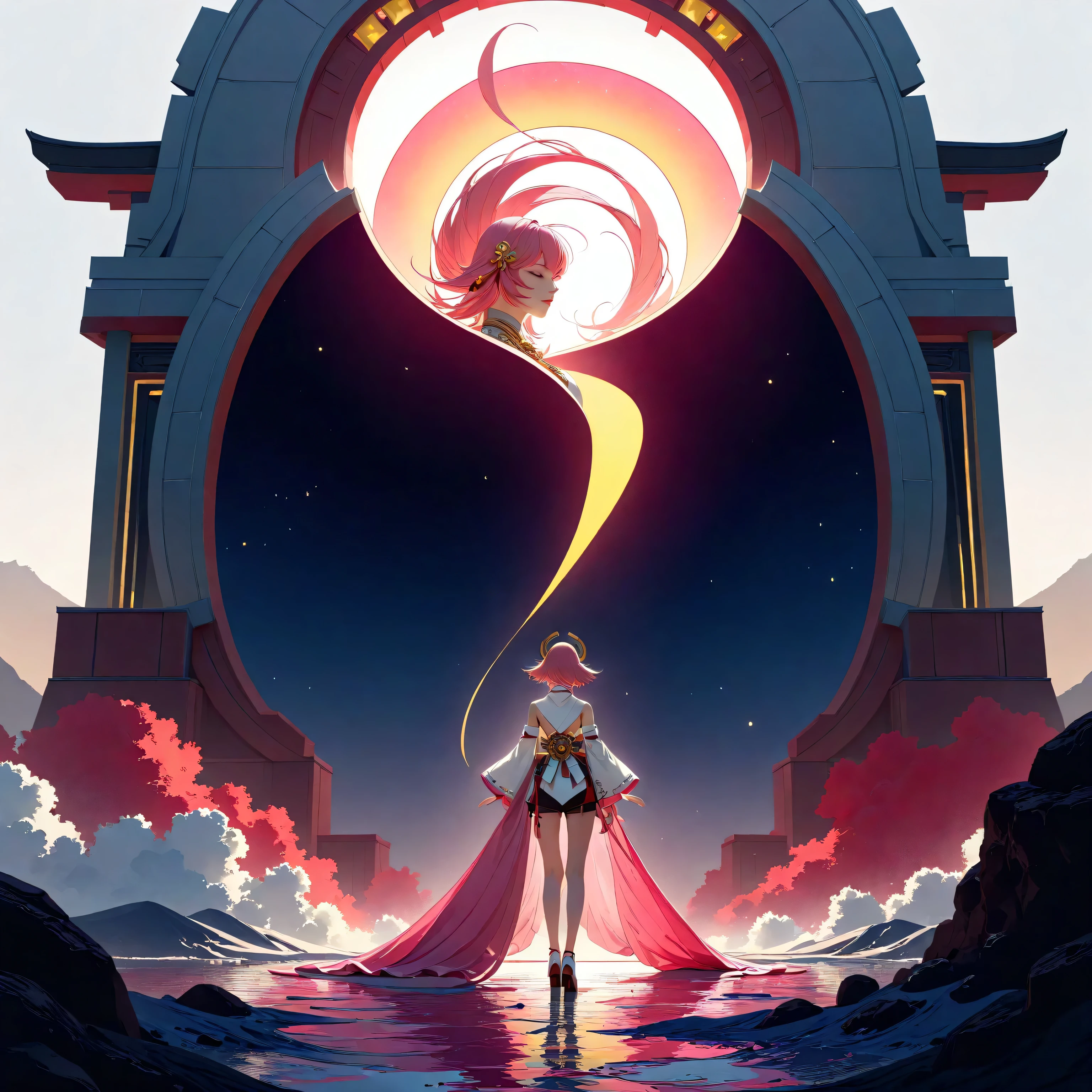 a futuristic landscape in the illustrative style of french illustrator Moebius, (blues, yellows), brutalist architecture, brutalism, retrofuturistic, french retro, retrofuturistic car, (White background:1.4),(Isabella Rosalini), head silhouette, Eyes closed, Long colored hair, Oriental elements),(Chinese illustration:1.3,Paper Art:1.3, キルティングPaper Art:1.2),( Streamlined Design, Clear lines, High sharpness,Better Quality, Very detailed, Master Parts, Film Light Effect, 4K ) Illustration design, porcelain doll skin, beautiful detailed eyes, beautiful detailed lips, extremely detailed gold eyes and face, long eyelashes, upper body, from side, looking at viewer, (fractal art:1.3), (pink hair:1.2), water, liquid, cloud, colorful, starry, stars, (best quality, 4k, 8k, highres, masterpiece:1.2), ultra-detailed, (realistic, photorealistic, photo-realistic:1.37), vibrant colors, studio lighting, extremely detailed description, professional, concept art, surreal, 1920s french vibe, monochromatic gold and pink palette, in the style of french illustrator moebius, gold elements, Yae Miko from genshin impact, pink hair, purple eyes, head ornament, big breasts, slender legs,