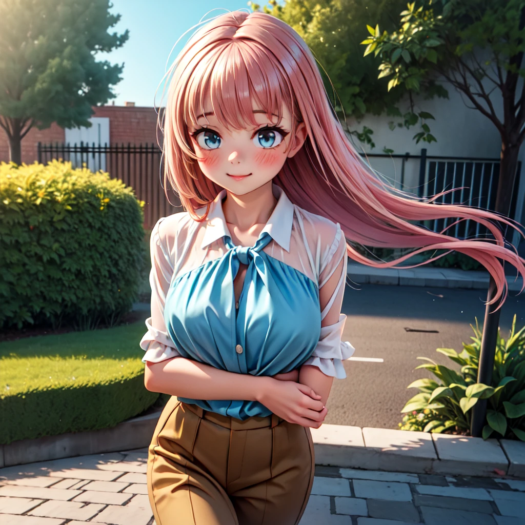1girl, full body, summer, village, trees, sun, clouds, ((colorful hair)), ponytail, large breasts, button down, blue eyes, ((red, white and green shirt)), ((unbuttoned shirt)), unbuttoning buttons, ((short sleeved shirt)), black mini skirt, brown shoes, grin, looking at the viewer, standing, red, white and green hair ribbon, cleavage, ((golden necklate))