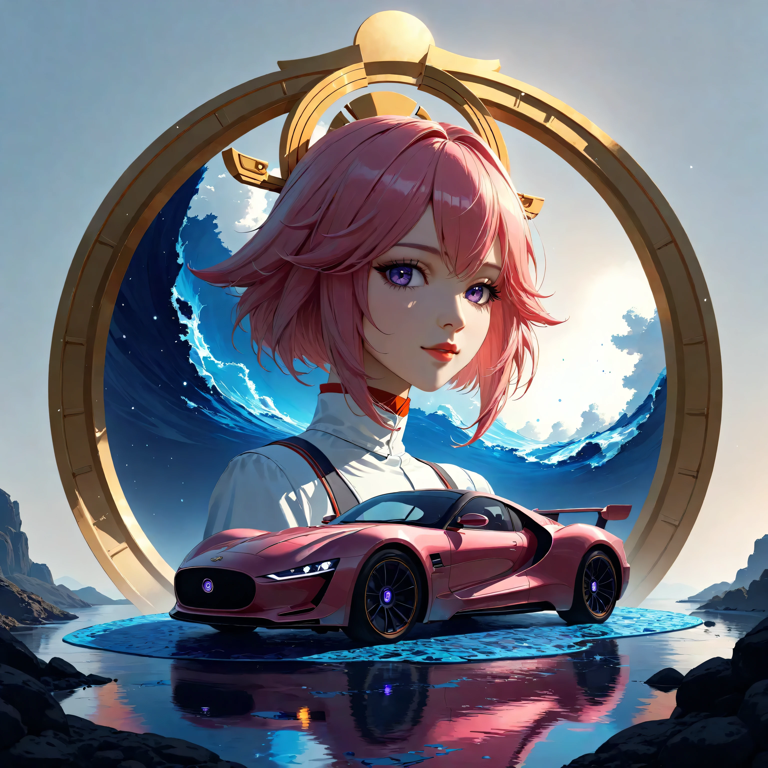 a futuristic landscape in the illustrative style of french illustrator Moebius, (blues, yellows), brutalist architecture, brutalism, retrofuturistic, french retro, retrofuturistic car, (White background:1.4),(Isabella Rosalini), head silhouette, Eyes closed, Long colored hair, Oriental elements),(Chinese illustration:1.3,Paper Art:1.3, キルティングPaper Art:1.2),( Streamlined Design, Clear lines, High sharpness,Better Quality, Very detailed, Master Parts, Film Light Effect, 4K ) Illustration design, porcelain doll skin, beautiful detailed eyes, beautiful detailed lips, extremely detailed gold eyes and face, long eyelashes, upper body, from side, looking at viewer, (fractal art:1.3), (pink hair:1.2), water, liquid, cloud, colorful, starry, stars, (best quality, 4k, 8k, highres, masterpiece:1.2), ultra-detailed, (realistic, photorealistic, photo-realistic:1.37), vibrant colors, studio lighting, extremely detailed description, professional, concept art, surreal, 1920s french vibe, monochromatic gold and pink palette, in the style of french illustrator moebius, gold elements, Yae Miko from genshin impact, pink hair, purple eyes, head ornament, big breasts, slender legs,