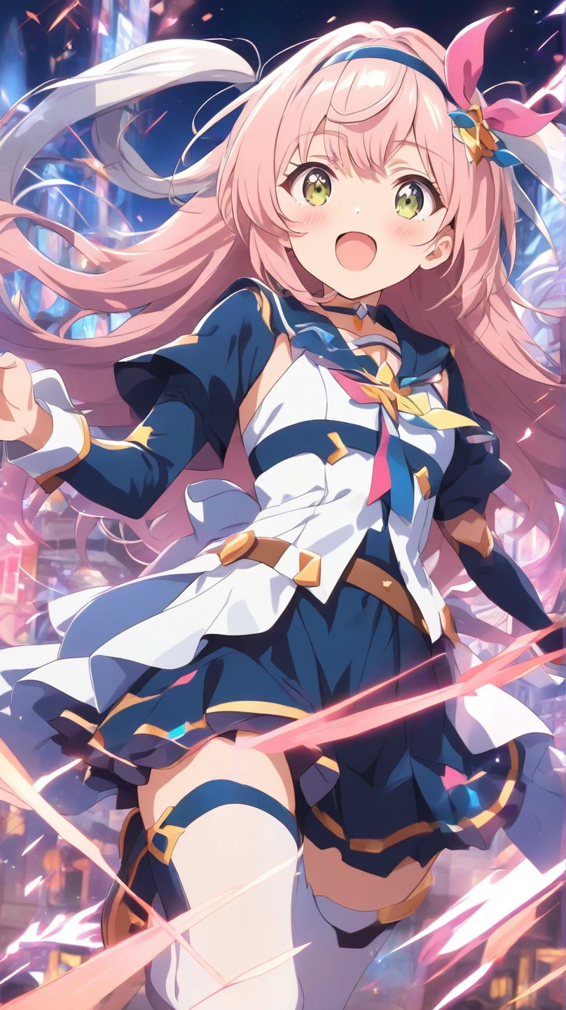 best quality, masterpiece, detailed,2d,flat color, 1girl,10yo,petit,,,,thighhighs,(magical girl costume)