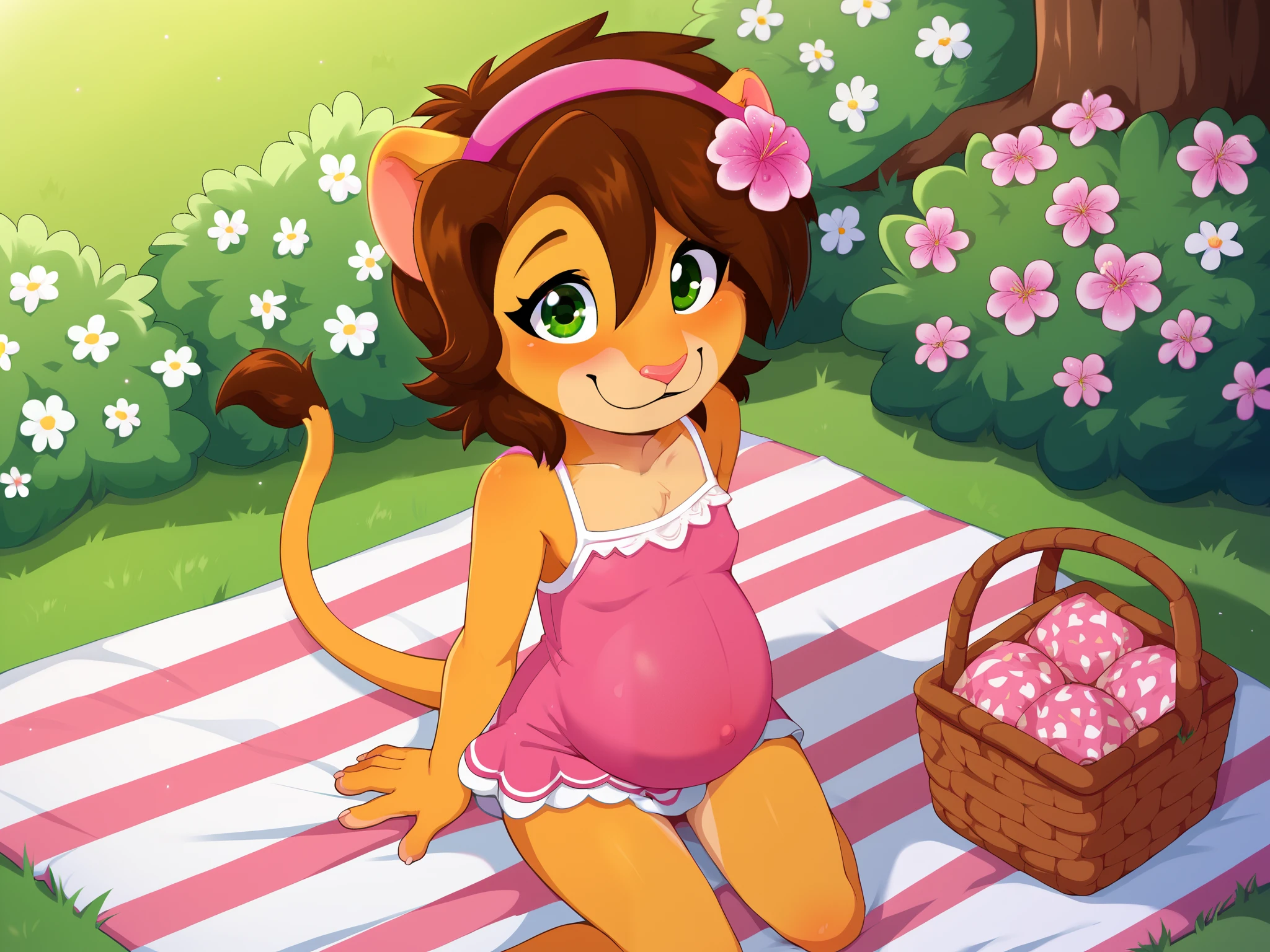 score_9, score_8_up, score_7_up, source_cartoon, anthro girl on sitting at a picnic, on knees, picnic basket, solo focus, sleeveless pink dress, looking at viewer, Keiko, brown hair, furry female, green eyes, smile, animal ears, tail, animal nose, hairband, hair ornament, hair flower, body fur, short hair, bangs, lion ears, in park, solo, 1girl, character alone, pregnant, , blush, flat , small . 