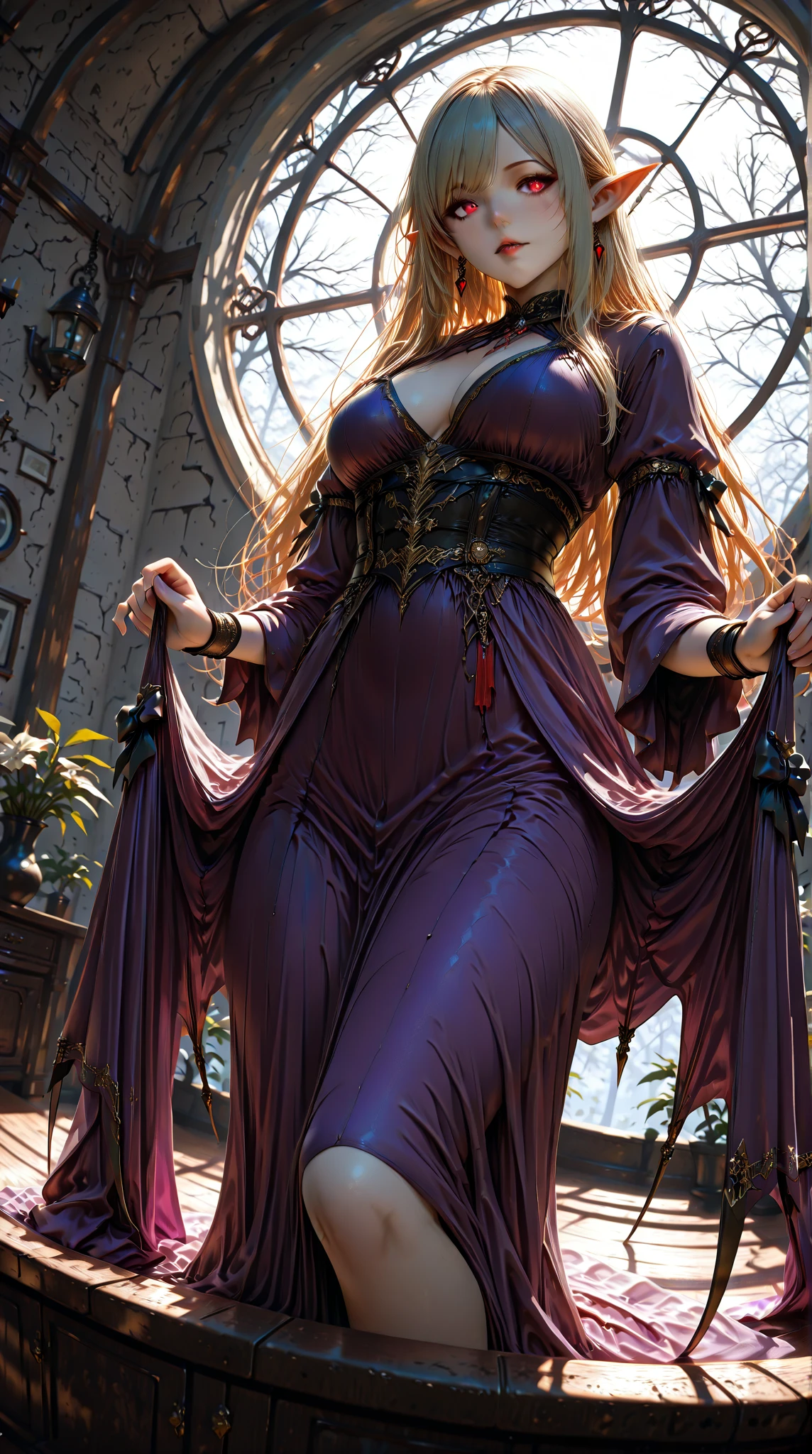 (realistic:1.3), insane detailed, quality, (masterpiece:1.2), (photorealistic:1.2), (best quality), (detailed skin:1.3), (intricate details), busty, tall, long legs, wide hips, huge breastsray tracing, ((full body)), (((1girl))), (((1 person))), 20 years old, red hair, huge breast, purple tight dress, green shawl, hair band, pink socks, walking, smile, (perfect fingers), (blurry background)