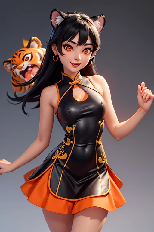 ((((masterpiece)))), high quality, very_high_resolution, large_filesize, gold eyes, rainbow hair, cute, adorable, beautiful, 5 fingers, slim body, medium length hair, bobbed haircut, hoop gold earrings, black hair, wearing a blue cheerleading outfit