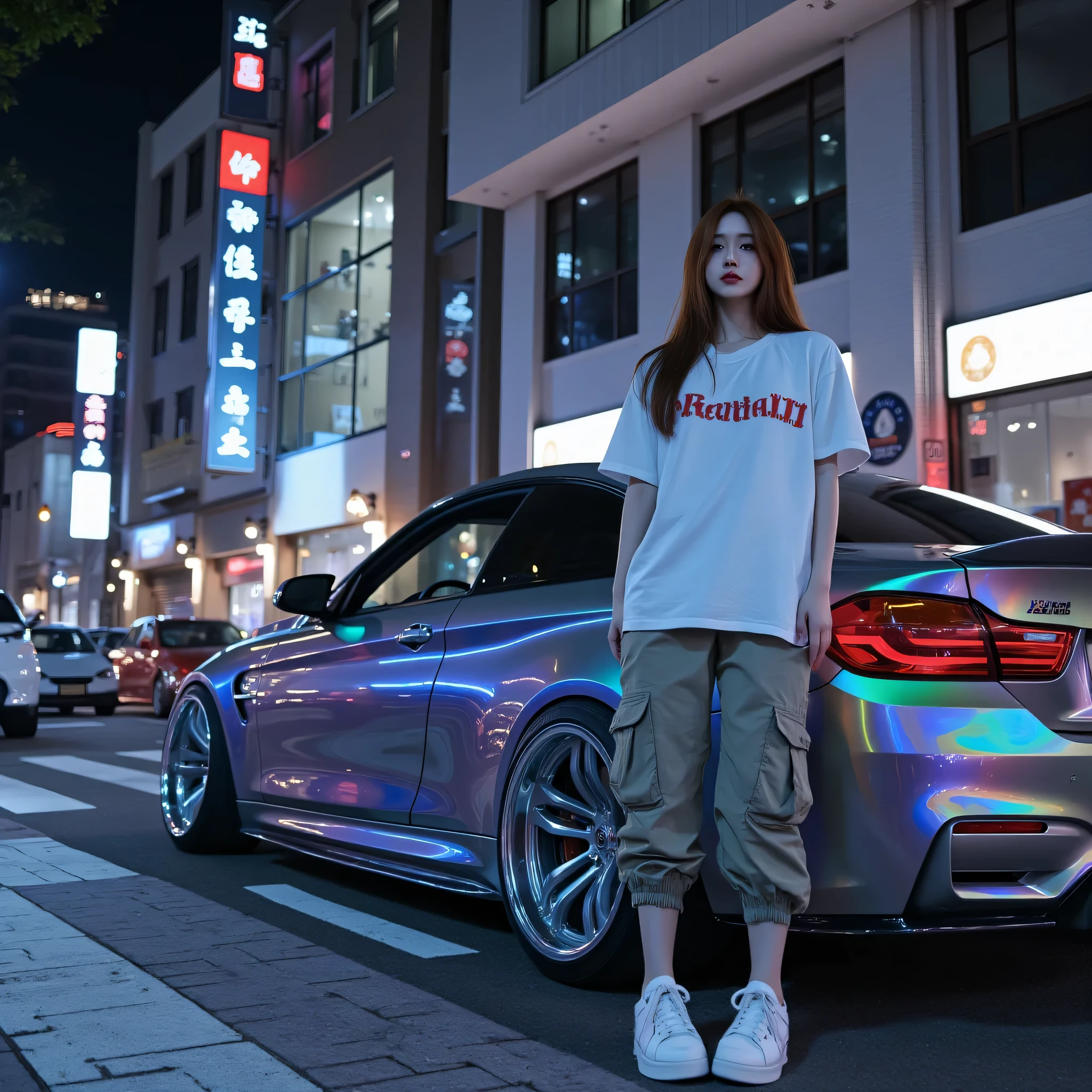 realism masterpiece cute beautiful Korean woman,wearing a large size white t-shirt with print "Reborn",wearing short cargo pants,and white sneakers for women,standing near BMW M4 sports car metallic chrome blue paint,with rainbow effect paint,chrome racing wheels for drift cars,distance to the ground is very low, large rear spoiler, parking on the side of a pedestrian street at night in tokyo city japan, original photo 4K HD ,takes picture from low angle and side