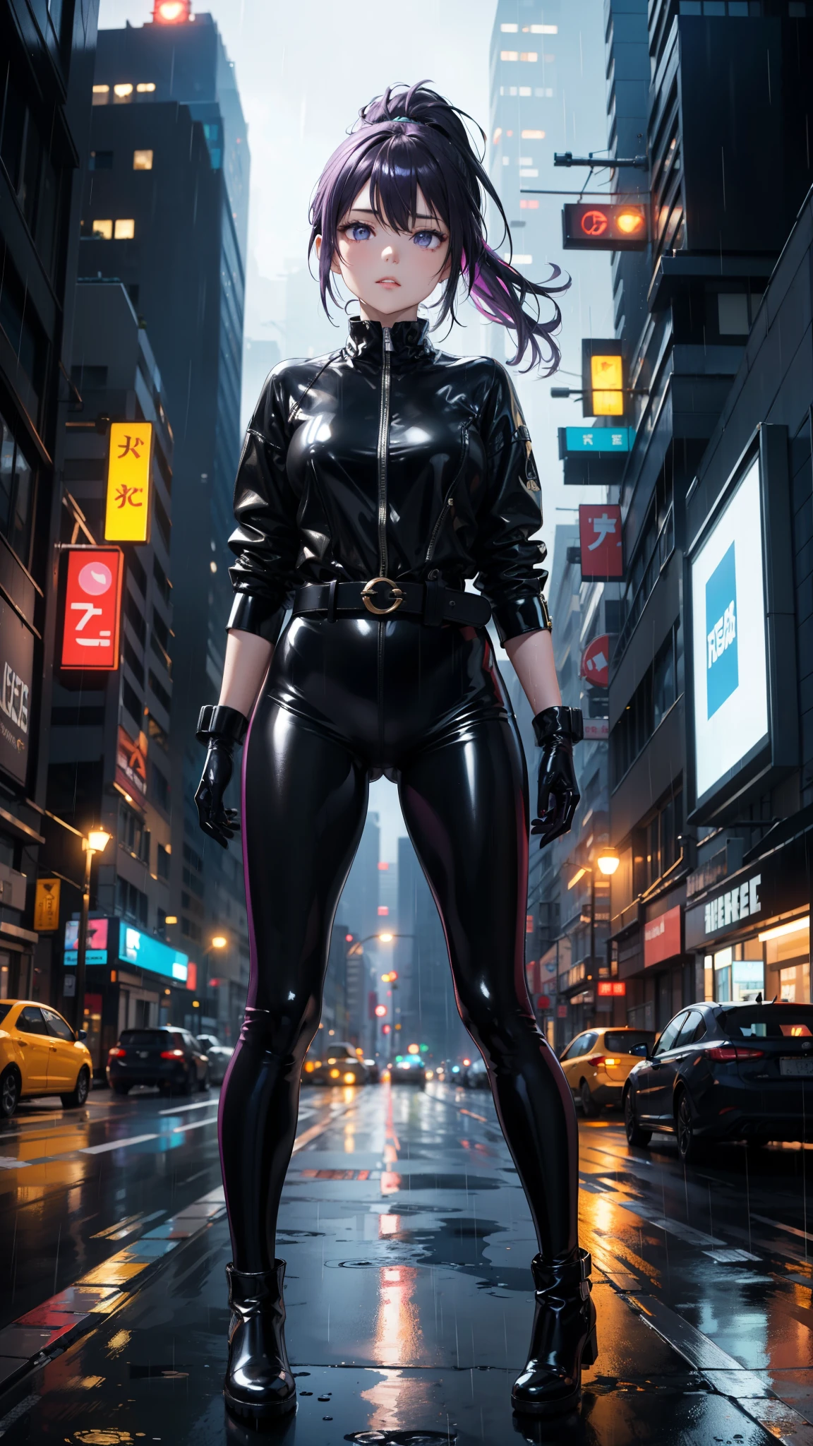 (Masterpiece, center, Detailed), a girl, Alone, seen from above, looking at the spectator, ojos Detaileds, purple eyes shirt, purple hair short ponytail, Love, Medium breasts, ((black latex bodysuit)), (black gloves, ((shiny black leggings)), black boots, al aire libre, city, cyberpunk, (rain), contrasted, legs apart,  belt,  belt pouch, night, city lights, Neon lights, street, auto, people, 