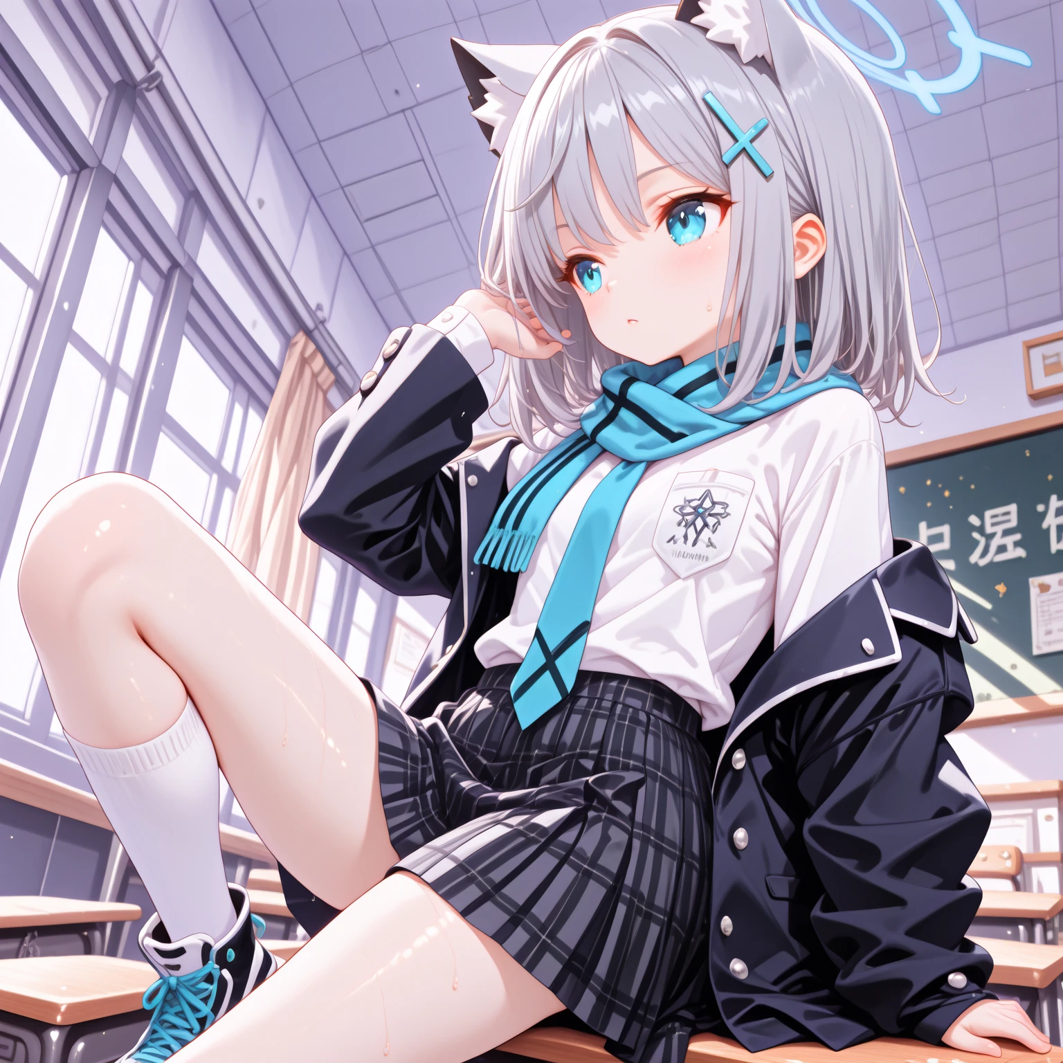 score_9, score_8_up, score_7_up, score_6_up, score_5_up, score_4_up, source_anime, screenshots,
shiroko-gym, shiroko \(blue archive\),blue eyes,grey hair,hairclip,animal ears,halo,track jacket,buruma,white socks,sneakers,
On the desk, rubbing her left breast with her left hand, touching her pussy with her right hand, sticking out her tongue, feeling embarrassed, spreading her legs, 1 person, erotic