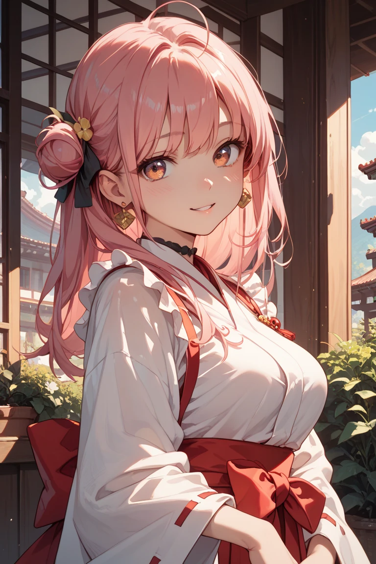 Generate an illustration for your Character portrait。Anime Style、Highest quality、High resolution、Character portrait、beautiful girl、woman、cute、long hair、Pink Hair、Dumpling、china娘、china、Chinese clothing、Half Up、Dream cute、Clothes with frills、Tree Eyes、Big eyes、Standing facing forward、No pause、Character portrait、Transparent or solid background、breast enhancement、Face close-up、smile、No background、Background is white、