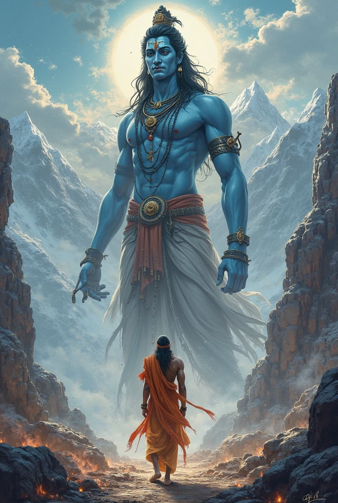 A small boy with long hair stops lord Shiva from entering into a palace in Himalayas
Boy has stick with one hand and stops lord Shiva fromm the other hand
Boy wears old style dhoti orange