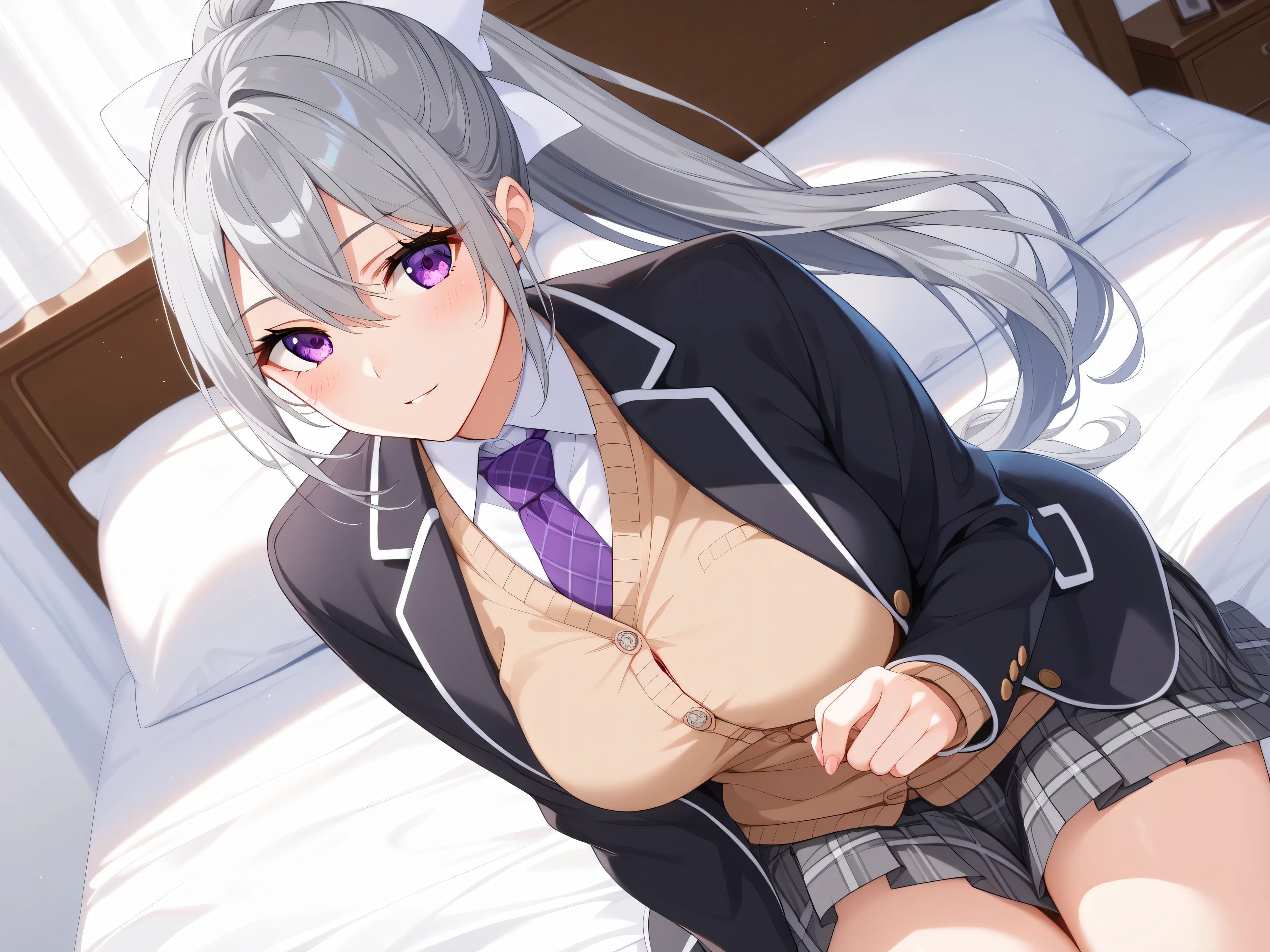 1woman,best quality,ultra-detailed,high resolution,extremely detailed CG,unity 8k wallpaper,score_9, score_8_up, score_7_up, source_anime,hk1, purple eyes, grey hair, hair between eyes, long hair,ponytail, bow, white bow,shirt, cardigan, jacket, black jacket, blazer, skirt, grey skirt, plaid skirt, nsfw,mature female,professional quality、bed room、medium breasts、pleated skirt、tsurime,Official Art,necktie, purple necktie,,