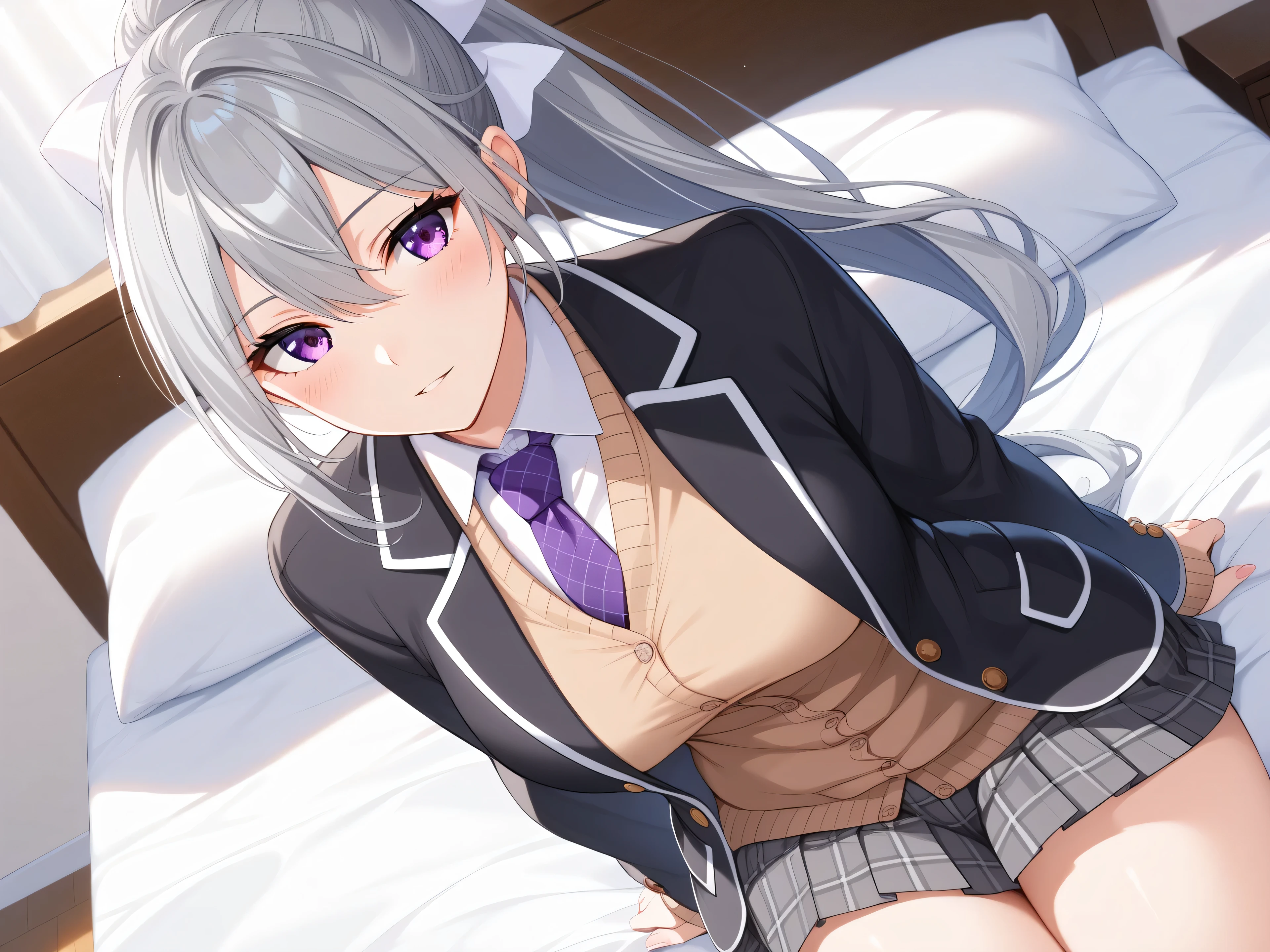 1woman,best quality,ultra-detailed,high resolution,extremely detailed CG,unity 8k wallpaper,score_9, score_8_up, score_7_up, source_anime,hk1, purple eyes, grey hair, hair between eyes, long hair,ponytail, bow, white bow,shirt, cardigan, jacket, black jacket, blazer, skirt, grey skirt, plaid skirt, nsfw,mature female,professional quality、bed room、medium breasts、pleated skirt、tsurime,Official Art,necktie, purple necktie,,