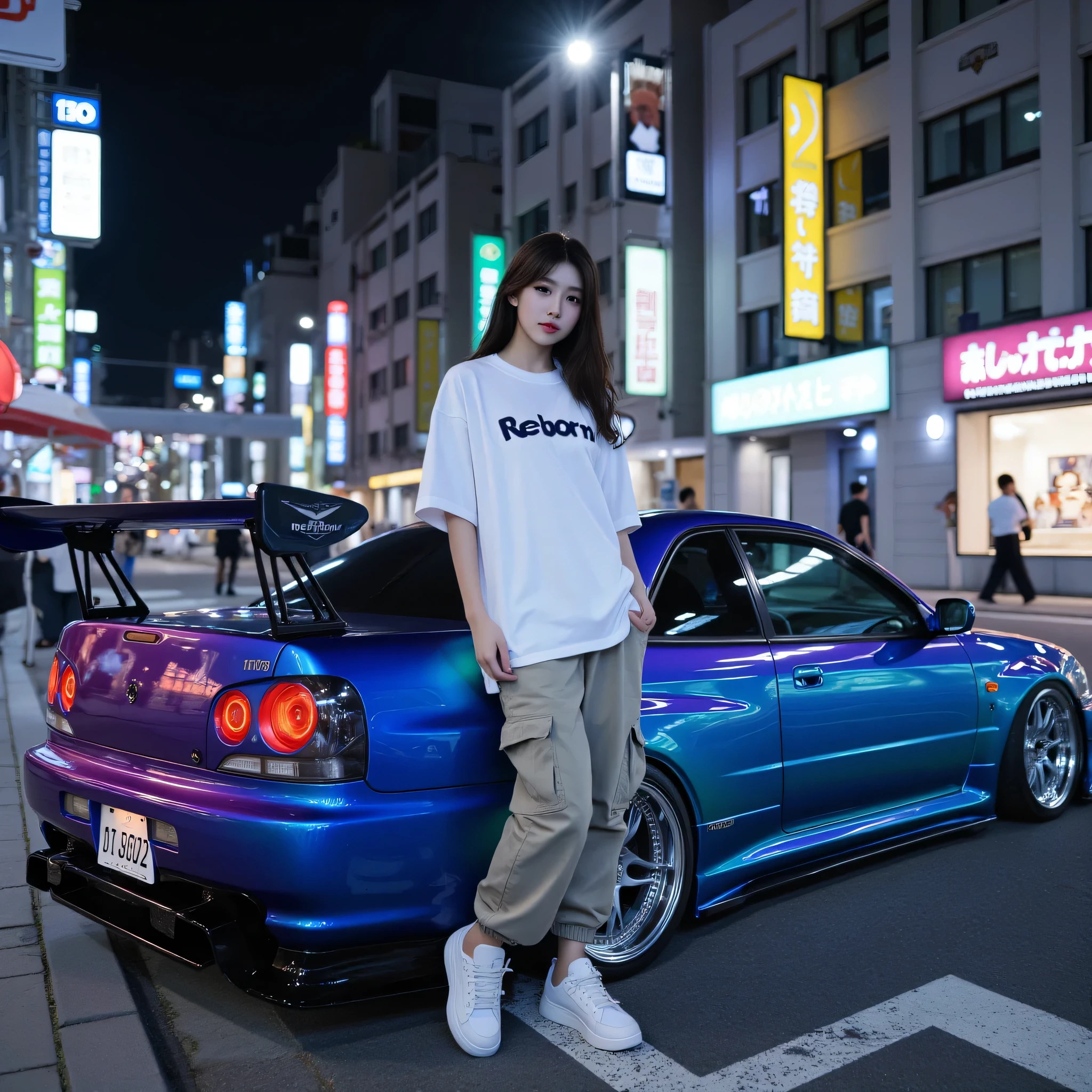 realism masterpiece cute beautiful Korean woman,wearing a large size white t-shirt with print "Reborn",wearing short cargo pants,and white sneakers for women,standing near blue chrome metallic paint sports car,with rainbow effect paint,chrome racing wheels for drift cars,distance to the ground is very low, large rear spoiler, parking on the side of a pedestrian street at night in tokyo city japan, original photo 4K HD ,takes picture from low angle and side