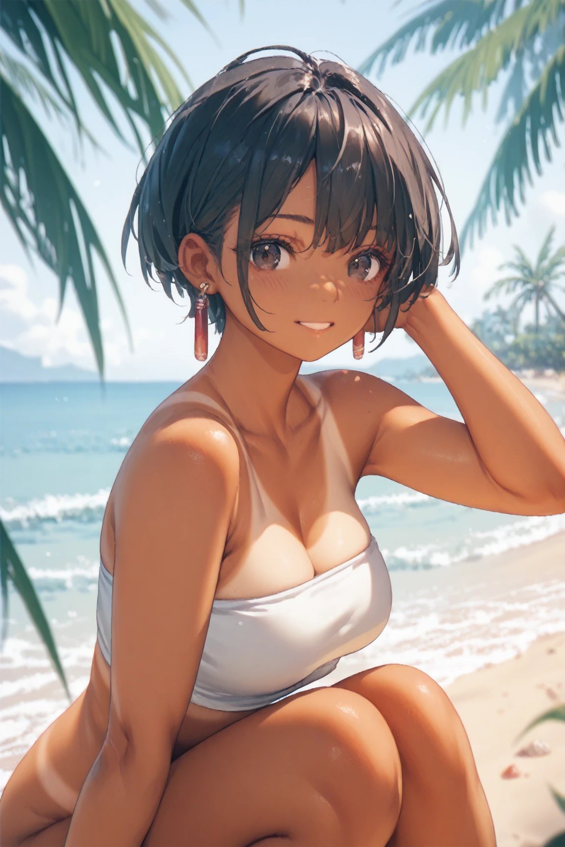 (Master quality)(Anime Style)(RAW Photos)High detail, Very detailed, Ultra HD Beautiful girl with short black hair having fun on an open beach, Surrounded by natural beauty, The warm sun shining on her, Sway gently in the breeze, Creates a playful atmosphere(Official Gravure)(Close-up shot 1.5)Completely naked