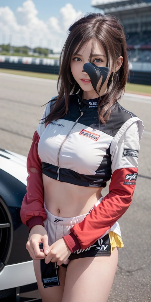 (8K, Raw photo, best quality, muste piece:1.2), (Reality, photorealistic:1.37), ultra high resolution, 1 girl, 18 years old, (Idol type:1.4), (famous actress :1.4), (beautiful detailed face:1), bangs, (multicolor floating hair), skin dentelation, Makeup is light, (beautiful big breasts:1.3), (sparkling skin:1.1), shiny skin, long limbs, slim, hanging chest:1.3, narrow waist, medium hips, slim legs, slim太もも, dynamic lighting, a face that suggests something sexual, Shiny texture, Lipstick, V-shaped eyebrows, V line jaw, Looking at Viewer, (long hair:1.3), (perfect face:1.4), ((strong wind)), flowing hair, audience, (shy smile:1.3), blue sky, (((Monte Carlo Street Circuit))), (((racing car))), (((racing bike))), ((promotion girl:1.3)), ((grid girl:1)), pink lip, Makeup is light, (Detailed promotional costumes are intricately worn:1.10), lace up boots, short sleeves, cropped tops, ((short jacket:1)), (tube top bra:1), knee high, (((Nylon short sleeve jacket with many logos))), (Glitter Long Nylon Pleated Skirt), small ass, ((promotional wear with logo)), (((white and red glitter promotional wear))), fingerless gloves, black hair, brown hair, red hair, eyes are blue, (sweat drop:1), (dynamic angle), walking, audience,