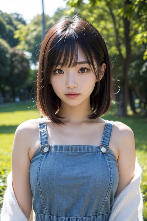 Very beautiful woman, Highly detailed eyes, Highly detailed face, Highly detailed lips, Super detailed everything, Attractive woman, Black Choker, blue eyes, Very long eyelashes, bangs, Big Breasts, highest quality, masterpiece, ((Slim face)), Japanese actress, ((High nose)), ((Mountain Girl)), Happy atmosphere, , ((forest, Dense forest)), mini skirt, ((Overalls)),Herb clusters、Working、Working, T-Shirts:-1.2
