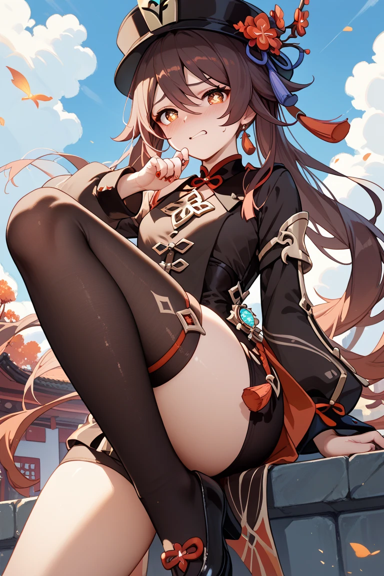 masterpiece, best quality, very aesthetic, absurdres, 1girl, mature_lady,taking off stockings,lace_dress, Jewelry, Earrings,sitting,from below,,hu_tao(genshin impact),hu tao, long brown hair, red eyes, twin tails,,surrounding by flowers,falling_petals, petals,,